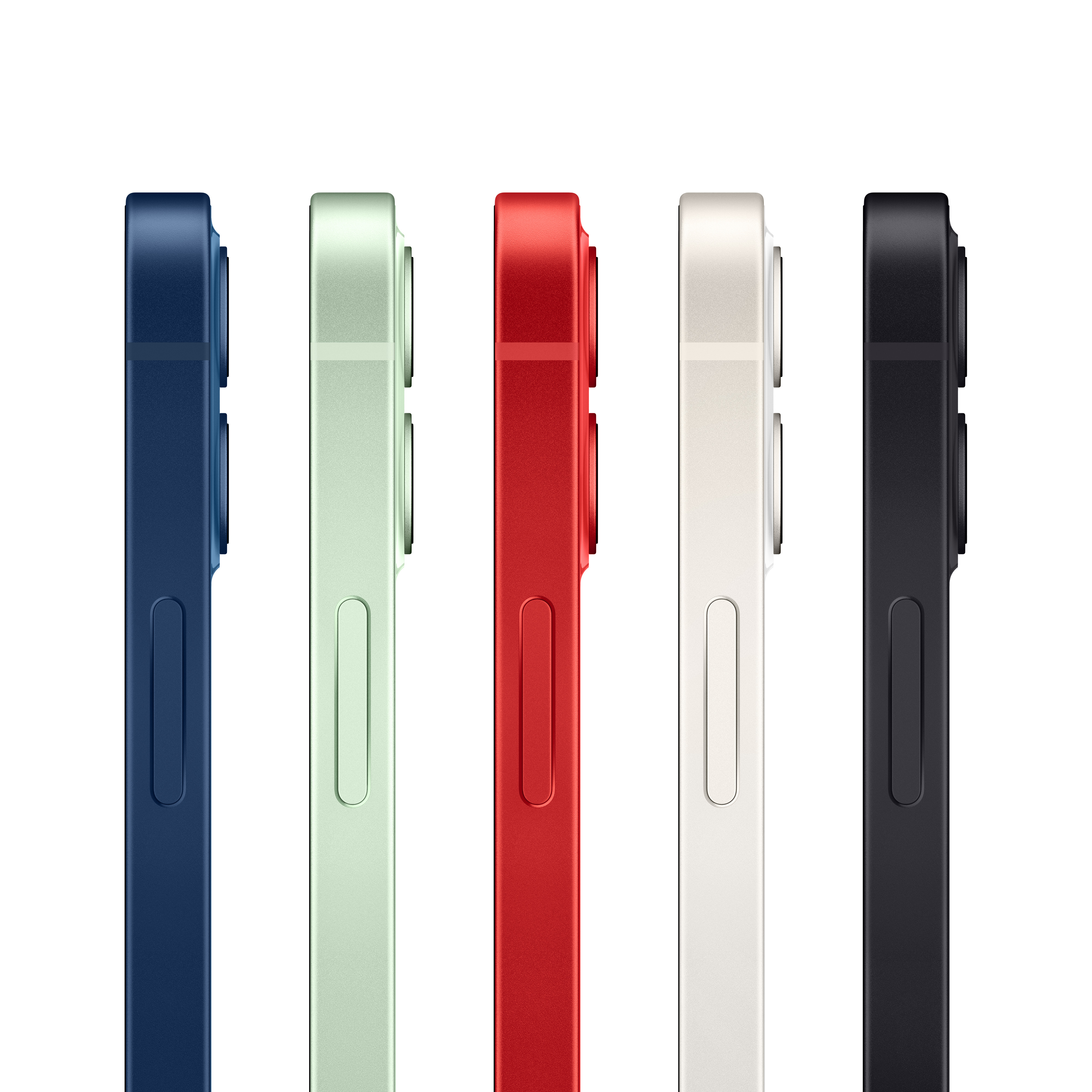 Pięć kolorowych widoków bocznych iPhone'a 12: niebieski, zielony, czerwony, biały i czarny.