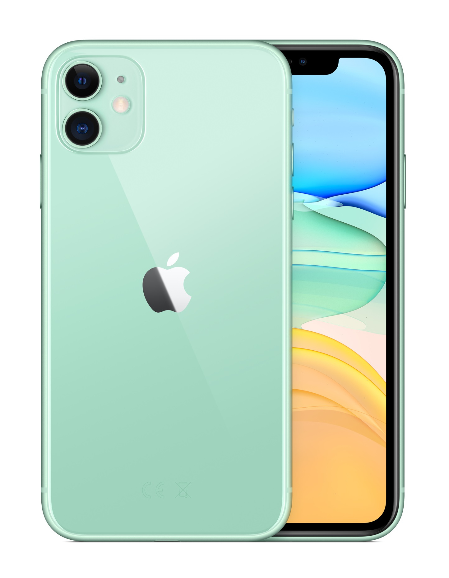 Miętowy iPhone na białym tle. Z tyłu widać aparaty i logo Apple. Ekran jest widoczny.