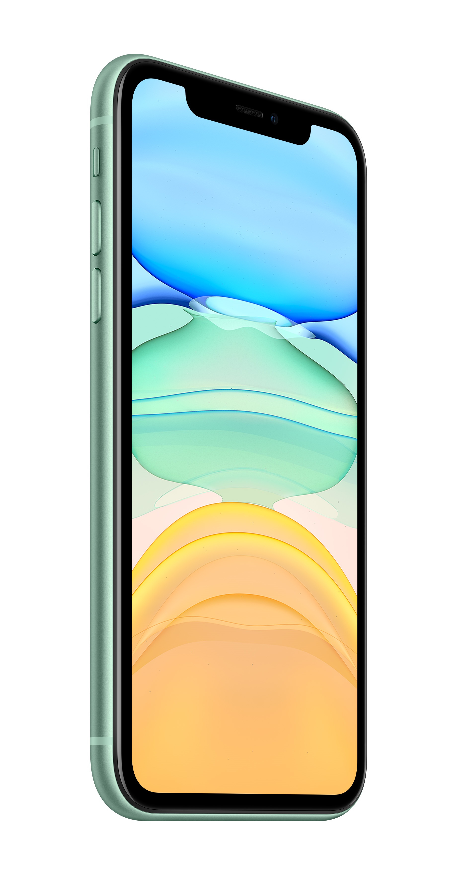 Zielony iPhone z boku, pokazujący ekran z gradientem niebiesko-żółtym.