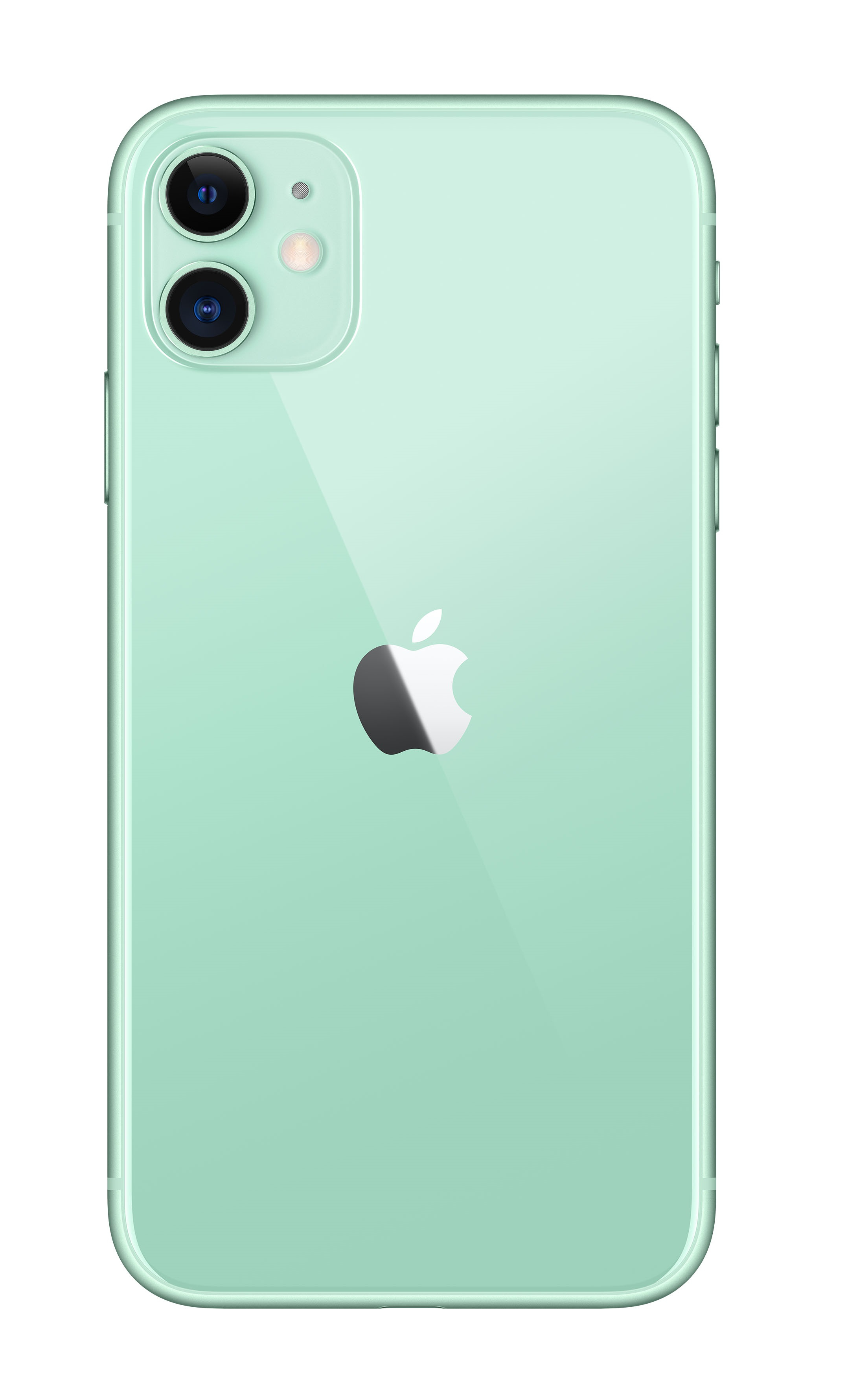 Widok z tyłu miętowego iPhone'a 11 na białym tle. Logo Apple wyśrodkowane.
