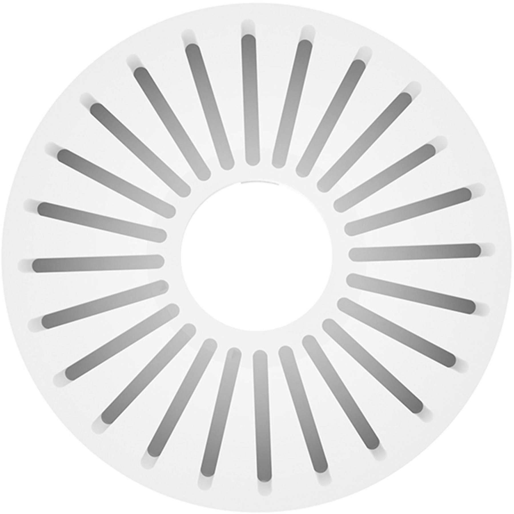 A white circular filter with evenly spaced, radial slits. It is a close-up shot against a white background.