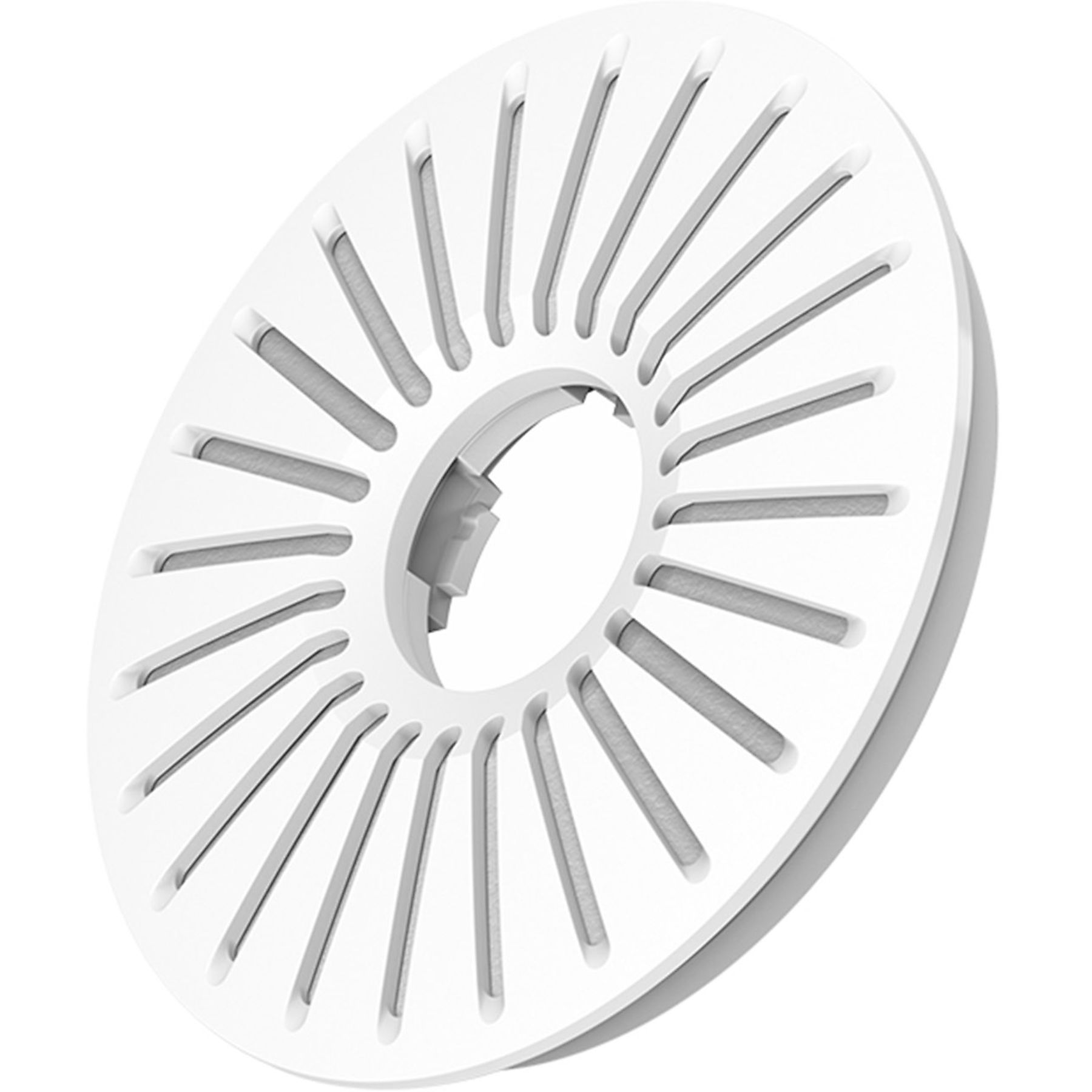 White circular air filter with radial slits. It has a central hole and a plain white surface.