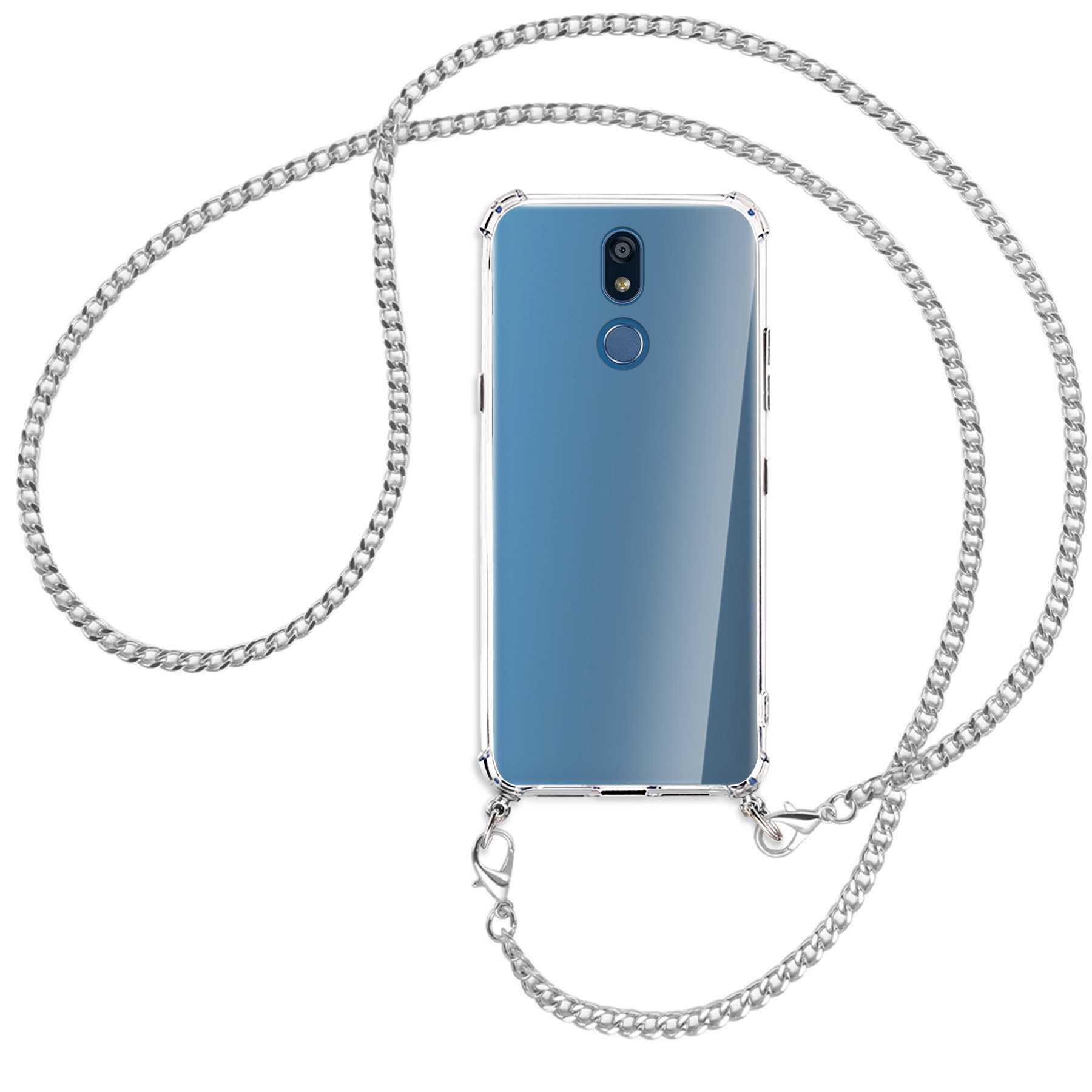 Handyhülle mit silberner Kette. Die Hülle ist transparent und die Kette ist silberfarben.