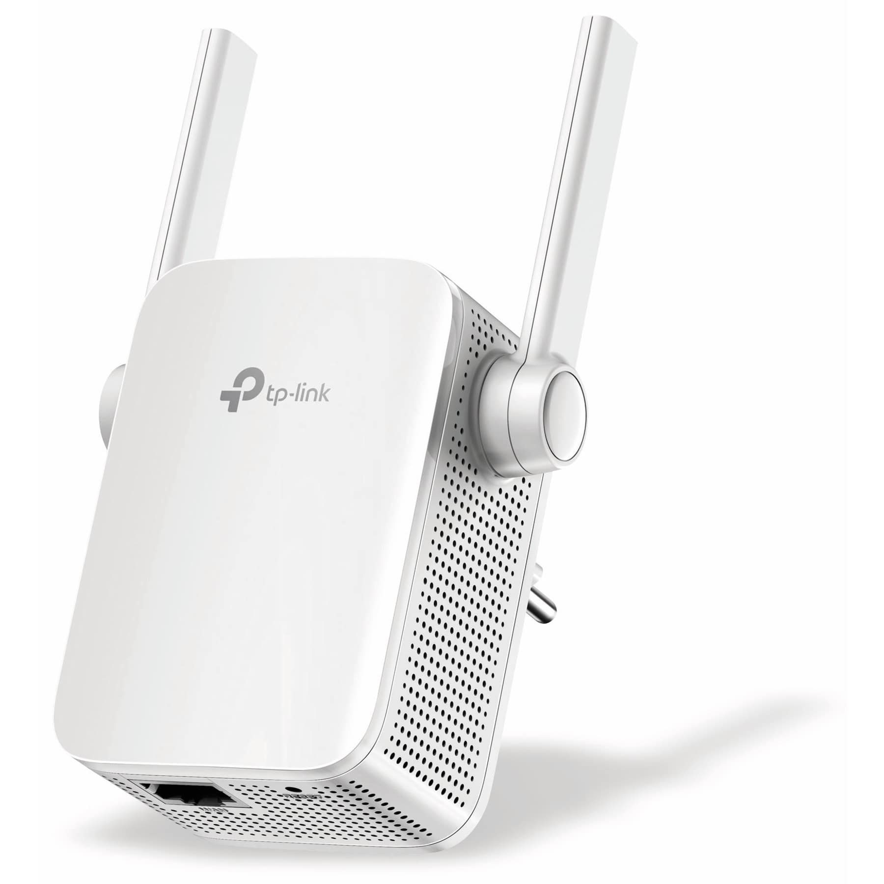 Biały wzmacniacz Wi-Fi TP-Link z antenami. Ma wtyczkę i port Ethernet.