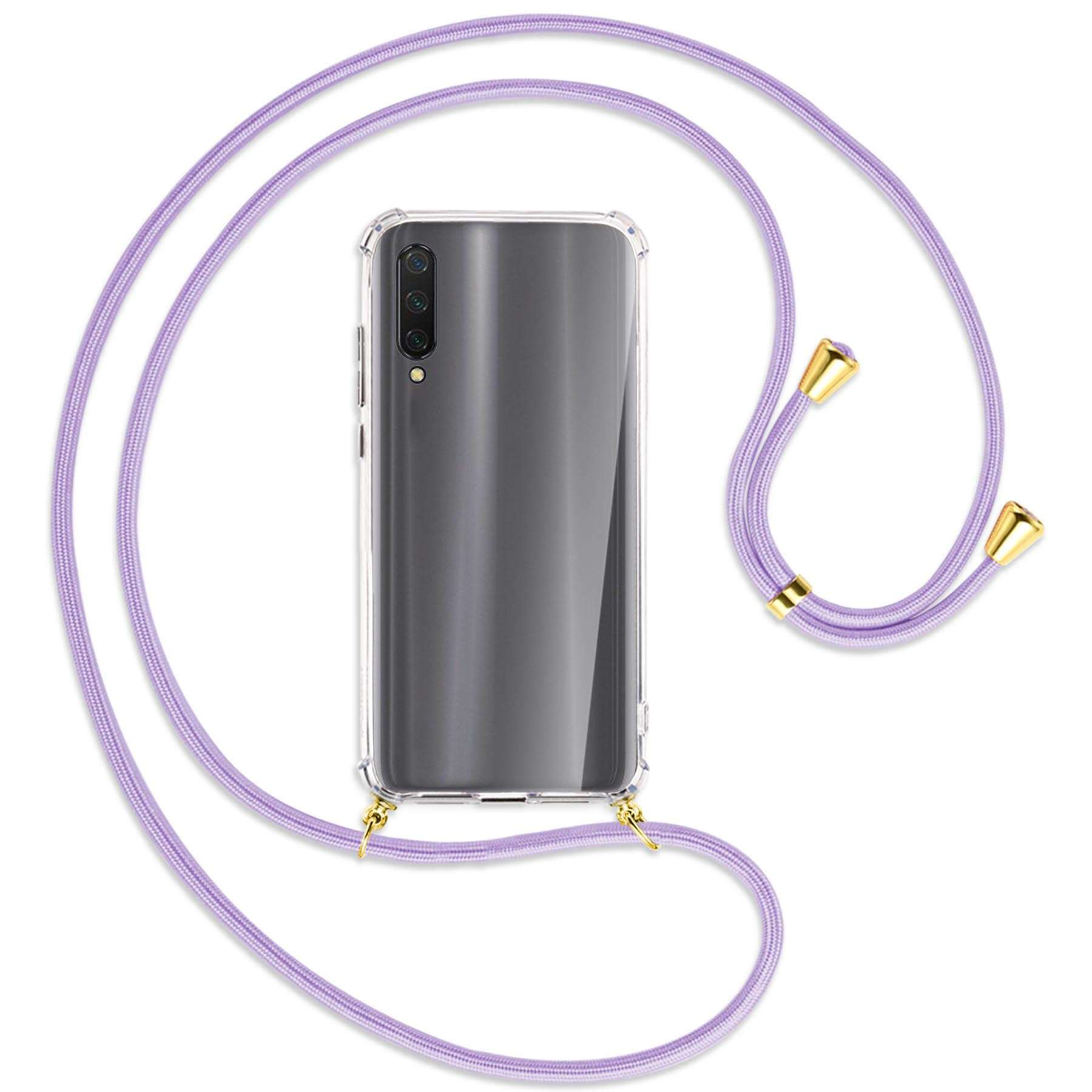 Transparente Handyhülle mit lavendelfarbenem Band um ein Telefon. Das Band hat goldfarbene Akzente.