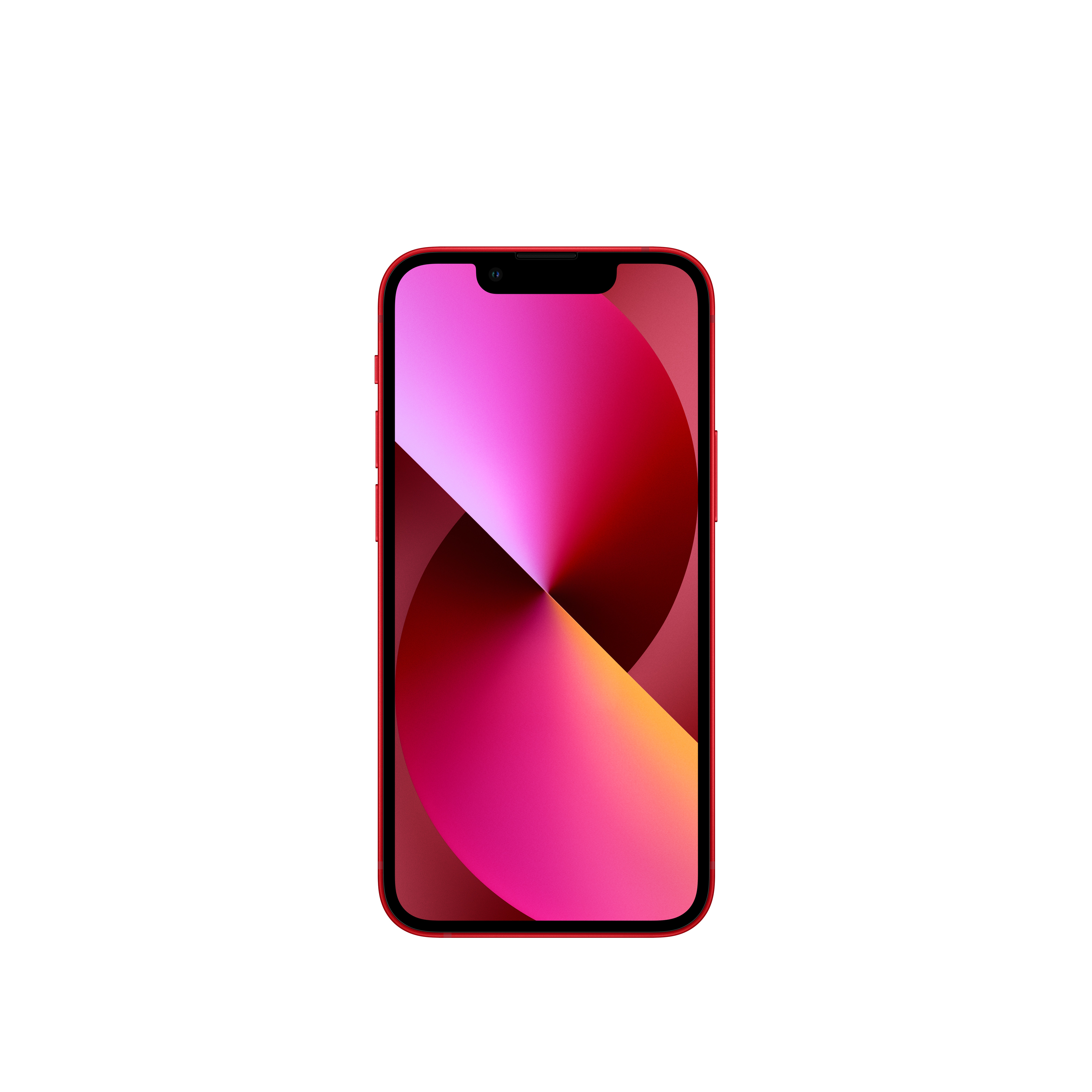 iPhone rojo con pantalla que muestra un fondo abstracto rojo, rosa y naranja. Blanco.