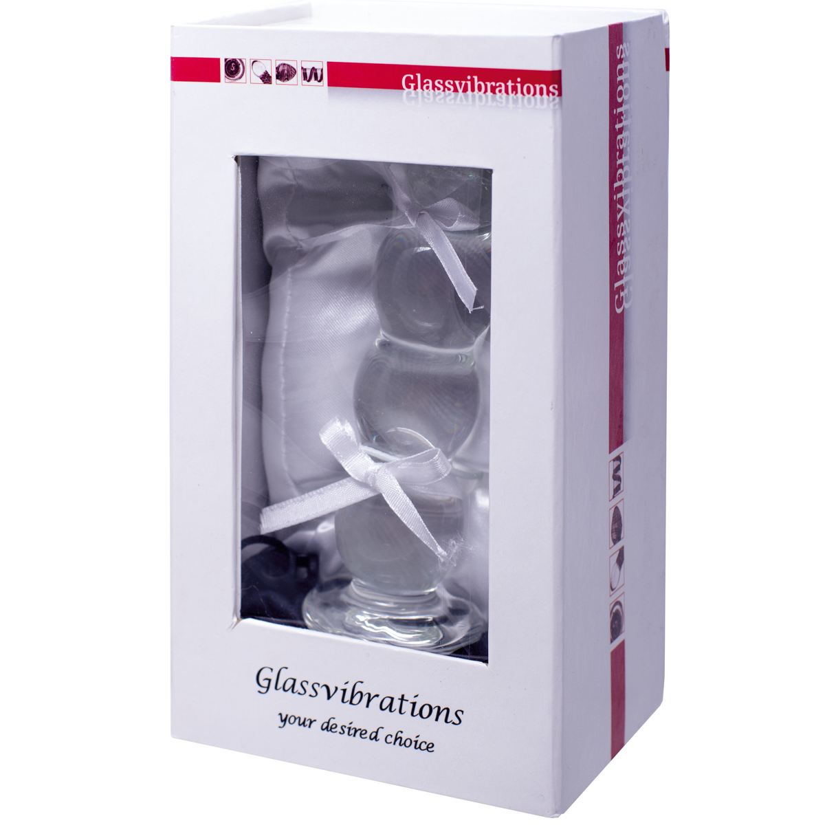 Glasvibrator in einer weißen Box mit weißem Satin und Schleife.
