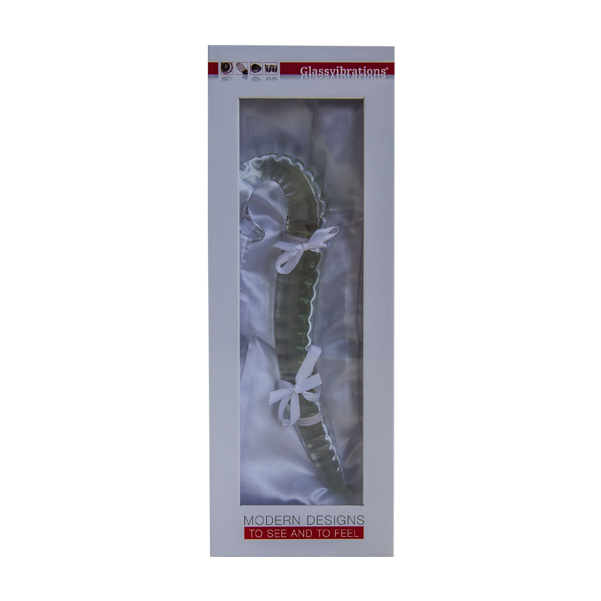 Glasvibrator in einer Schachtel. Es hat eine gebogene Form mit weißen Bändern. Weißer Hintergrund.