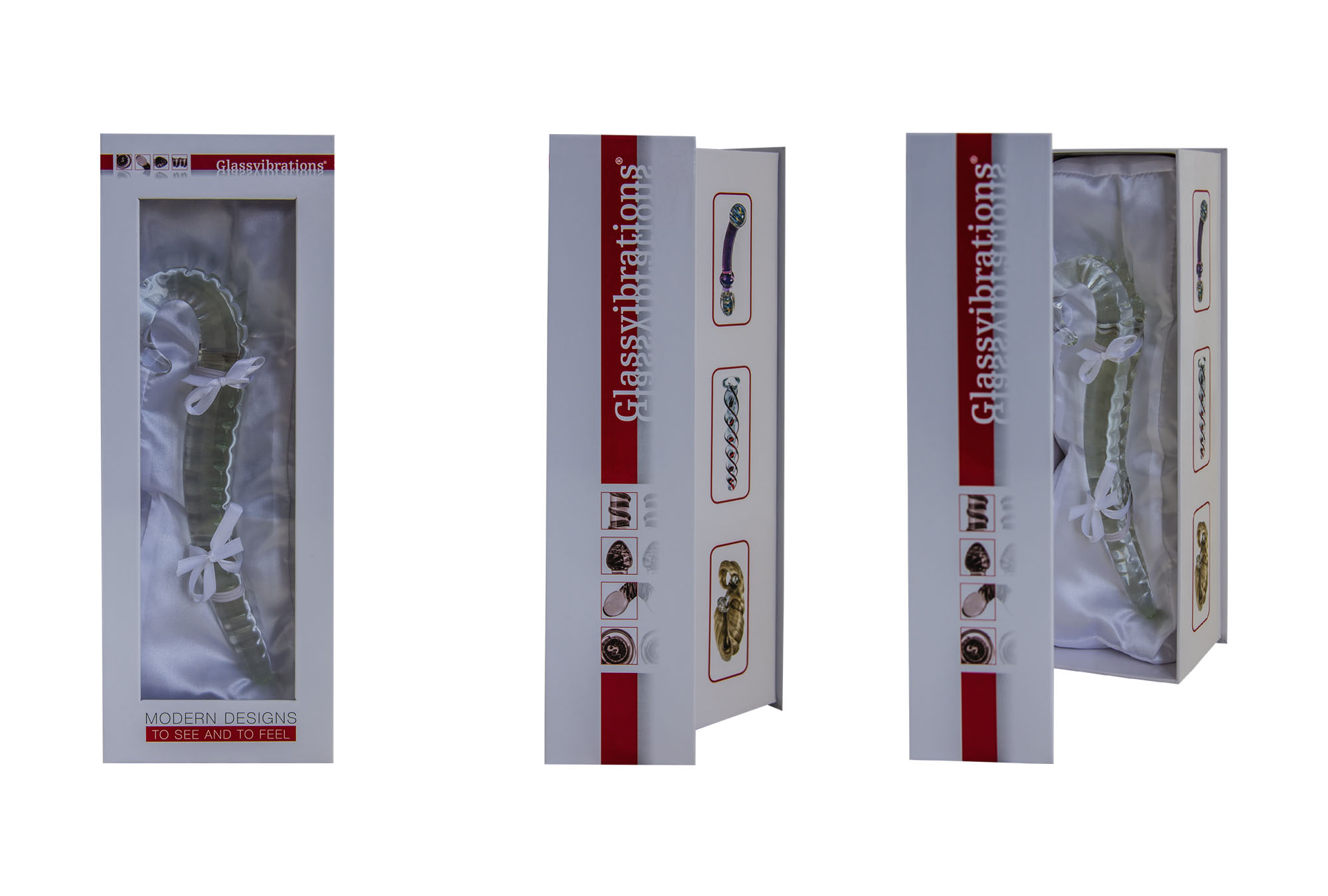 Dreiteilige Box mit Sexspielzeug. Box zeigt Design und Text: "Glassvibrations".