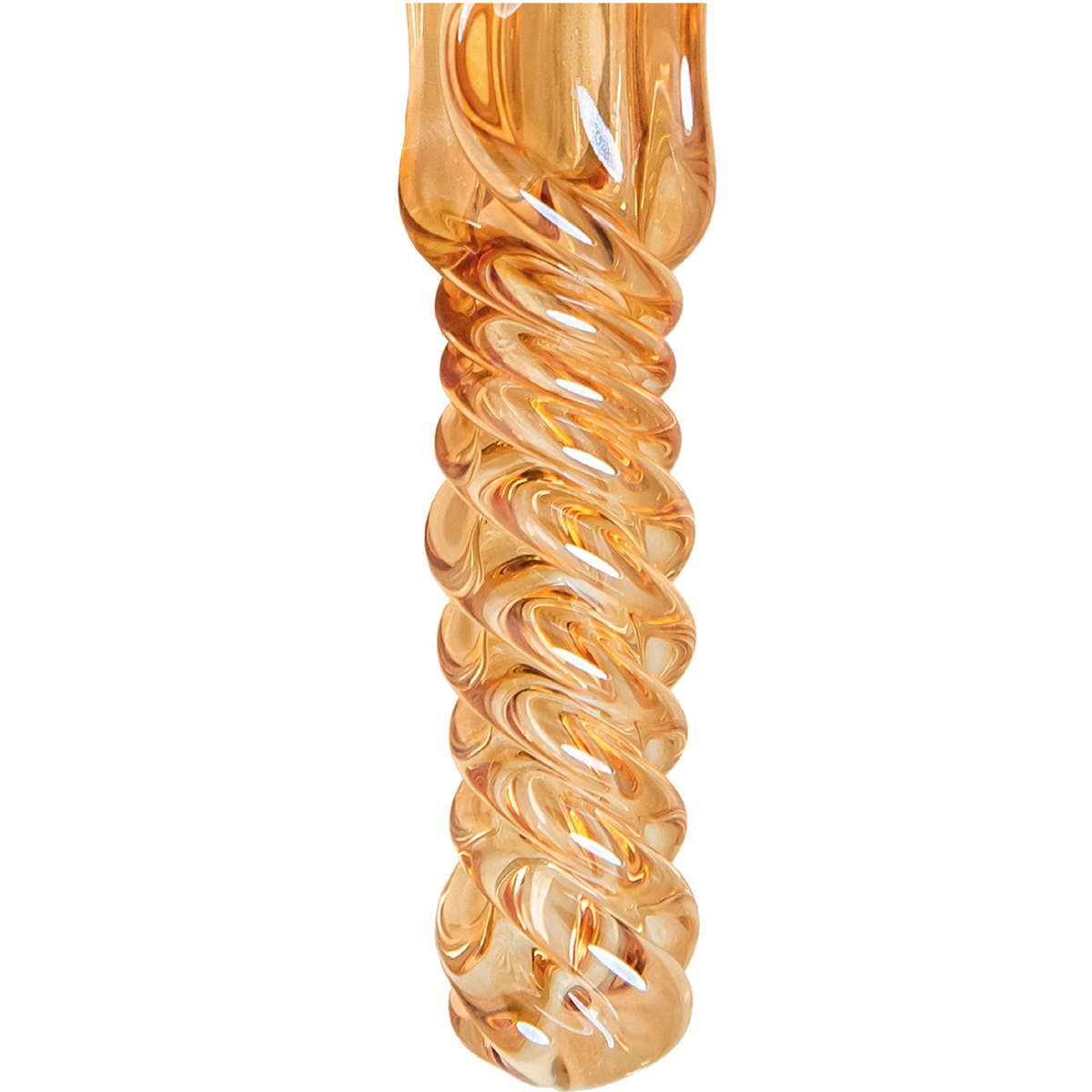 Bernsteinfarbenes Dekorationsstück aus Glas mit Spiraldesign. Das Objekt ist länglich, mit einem gedrehten Muster.