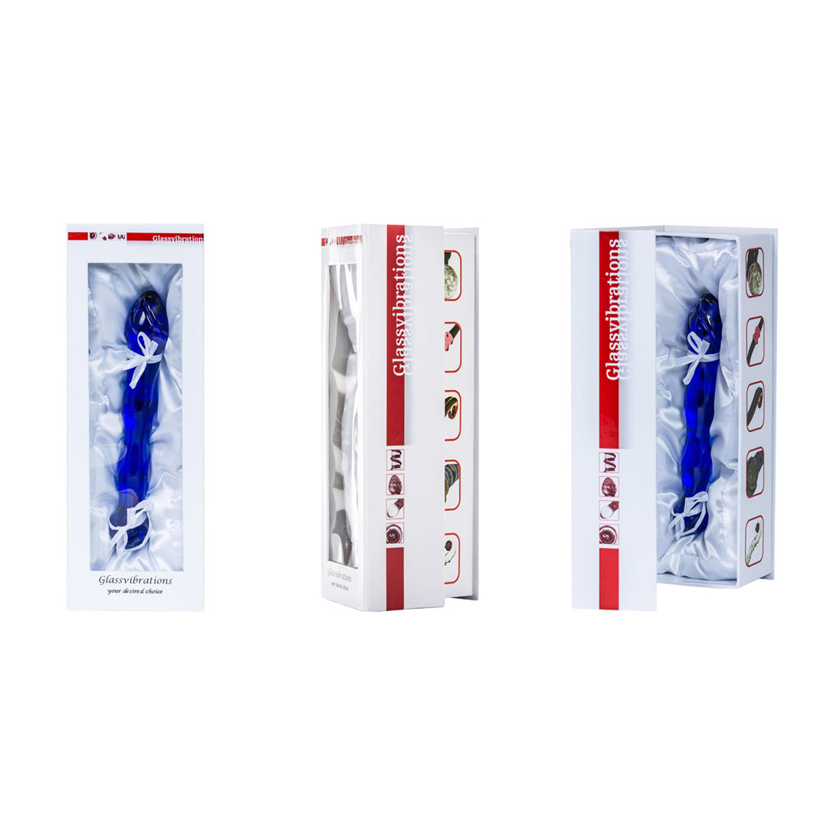 Drei Schachteln eines blauen Sexspielzeugs aus Glas. Jede Schachtel hat ein anderes Design und ein Band.
