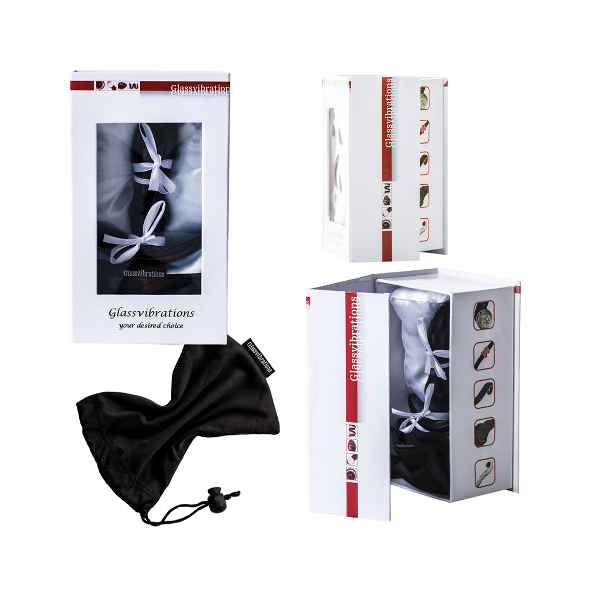 Produktboxen mit einem schwarzen Beutel, weißen Bändern und einem schwarzen Objekt. Die Boxen sind weiß mit roten Akzenten.