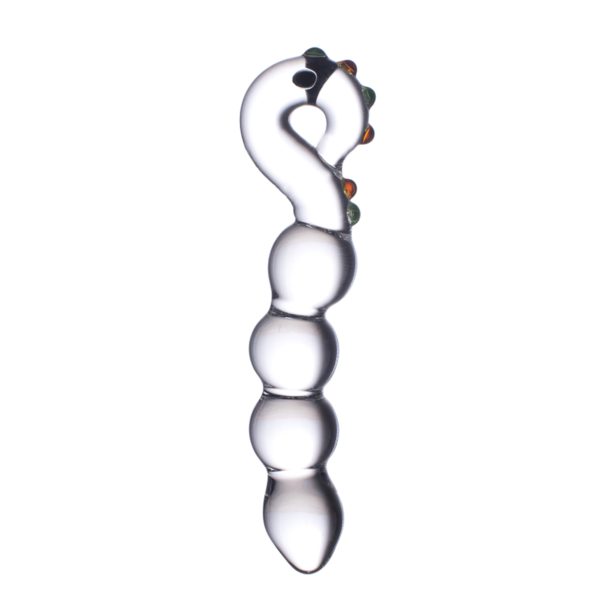 Klares Sexspielzeug aus Glas mit geschwungenem Design und farbigen Akzenten. Weißer Hintergrund.