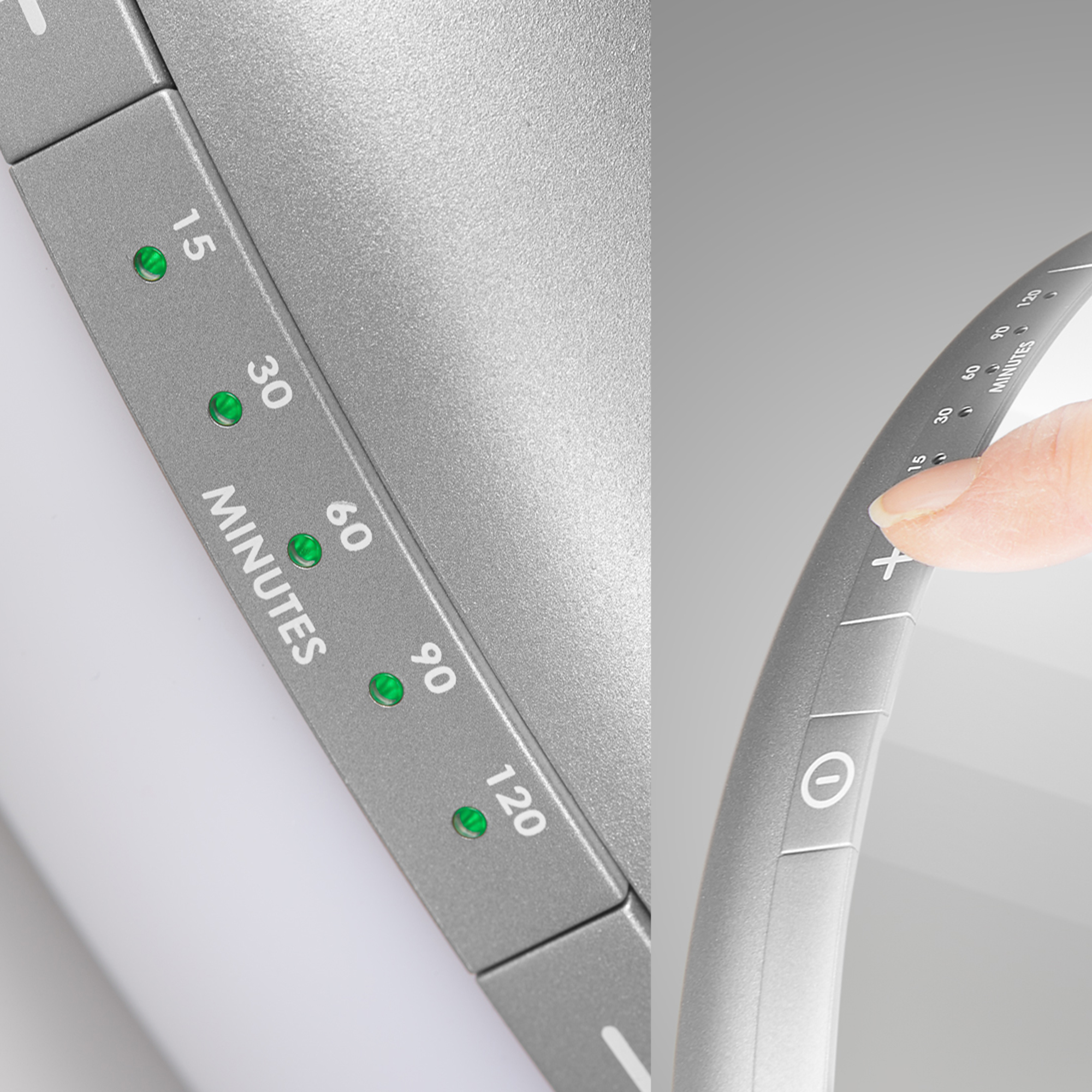 Close-up of a timer with green lights indicating minutes. A finger touches the plus button.