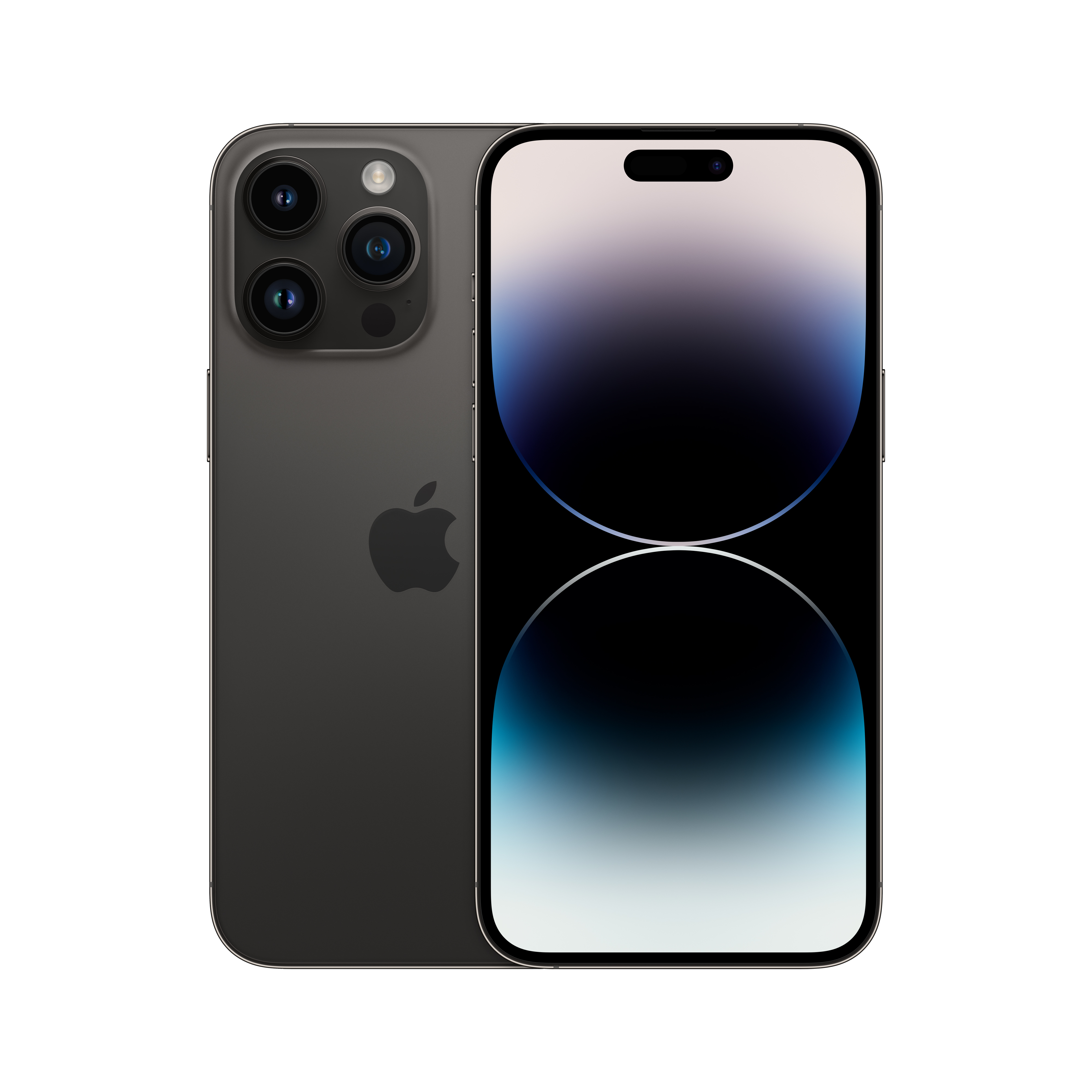 Ciemnoszary iPhone z trzema aparatami i czarnym ekranem, pokazujący tył i przód.