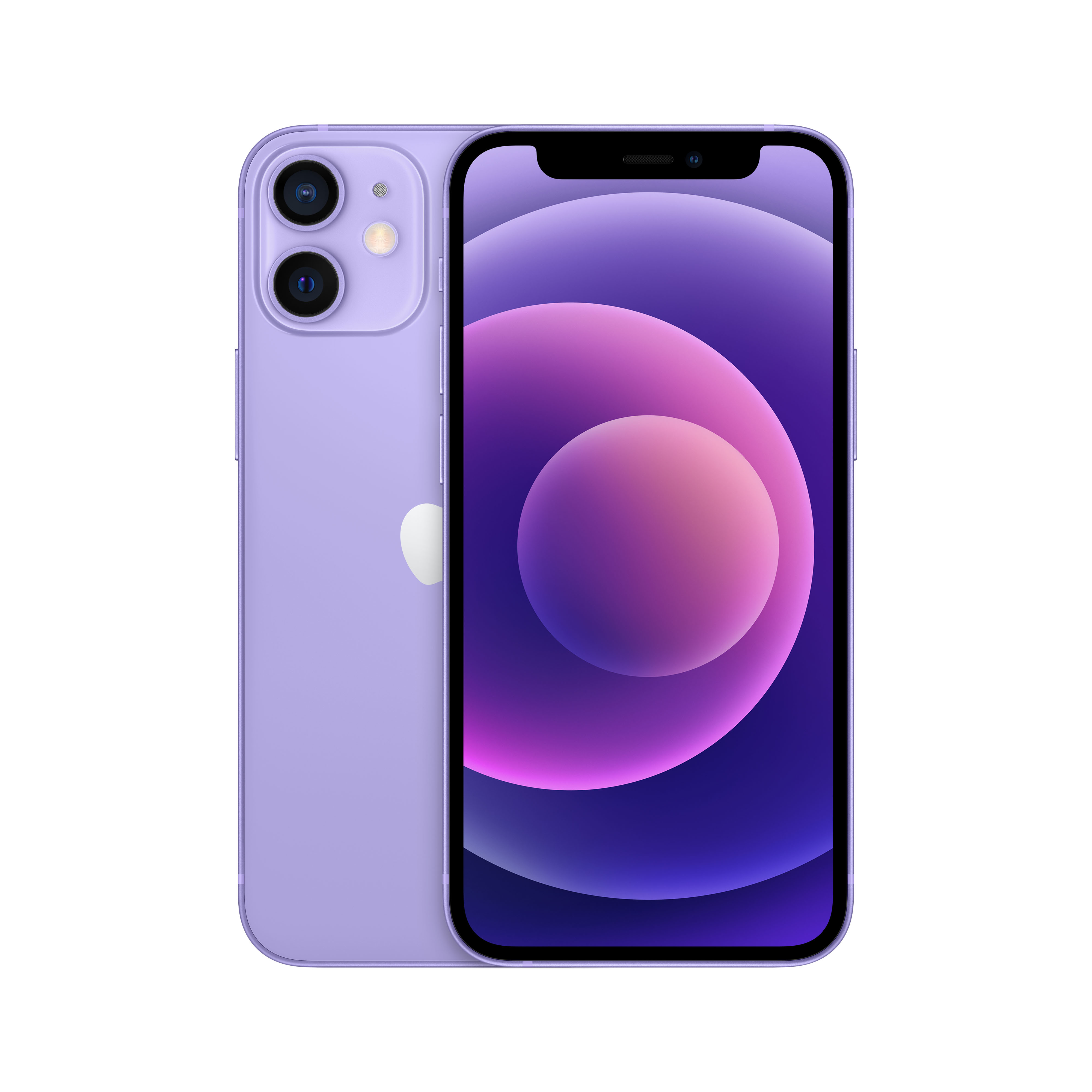 Fioletowy iPhone 12, pokazujący tył i ekrany przednie. Z tyłu białe logo Apple.