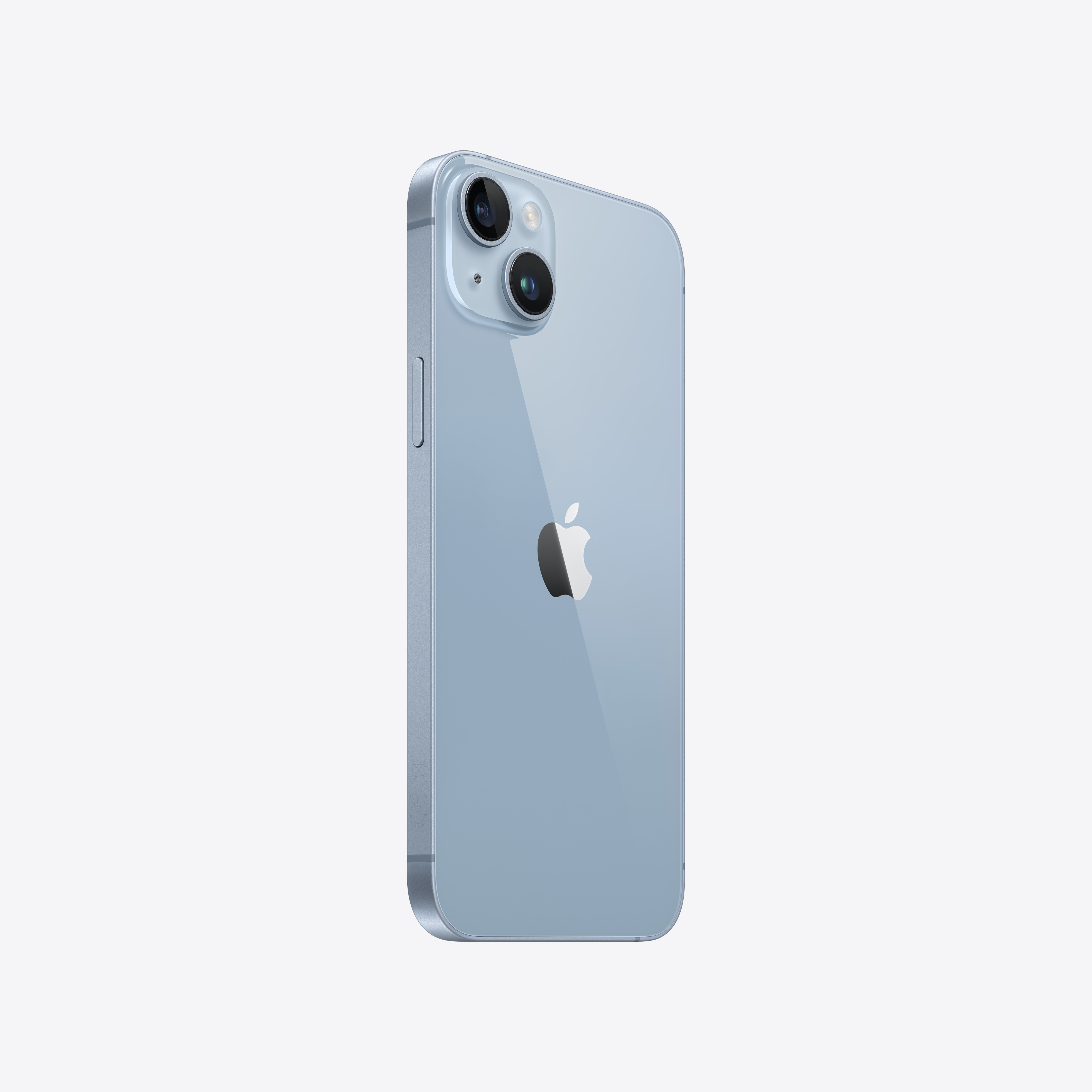 Jasnoniebieski telefon. Widok z tyłu, z dwoma aparatami i logo Apple.