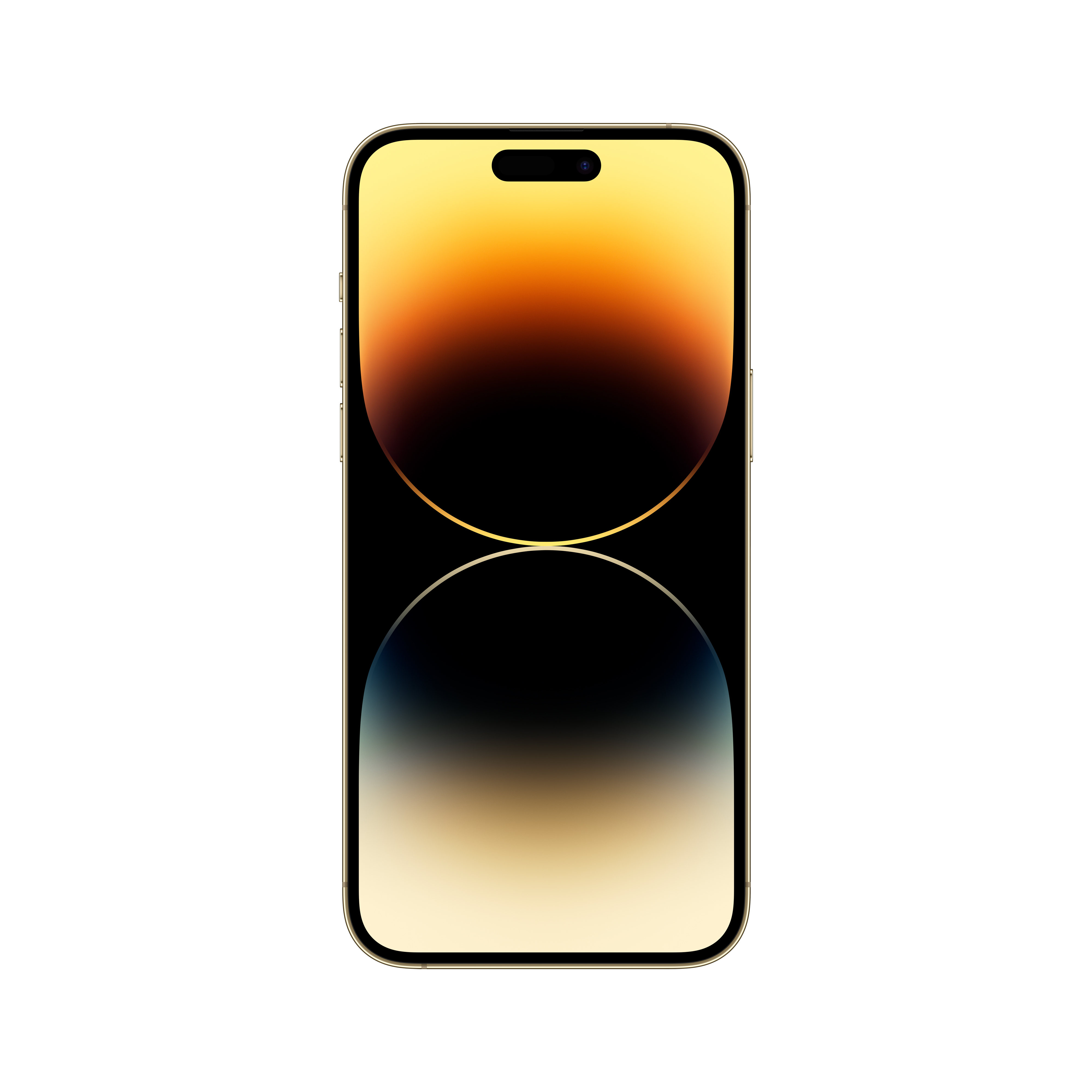 Złoty iPhone z czarnym ekranem z aparatem na białym tle.