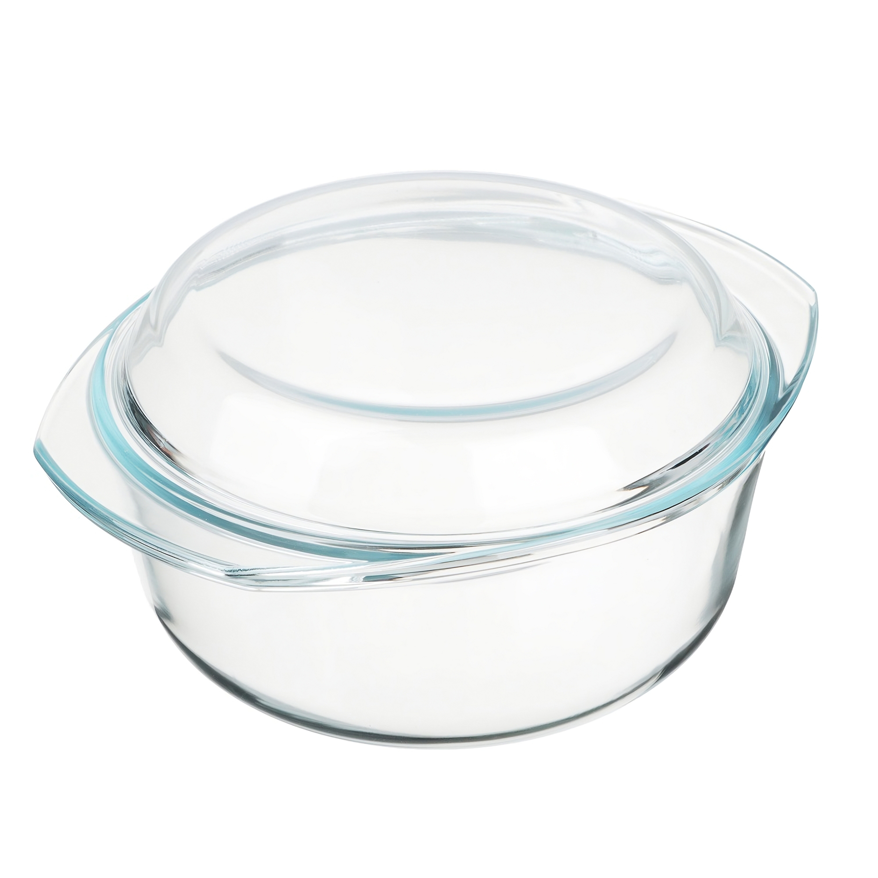 Glas-Backform mit einem durchsichtigen Deckel. Die Form steht auf einer weißen Oberfläche.