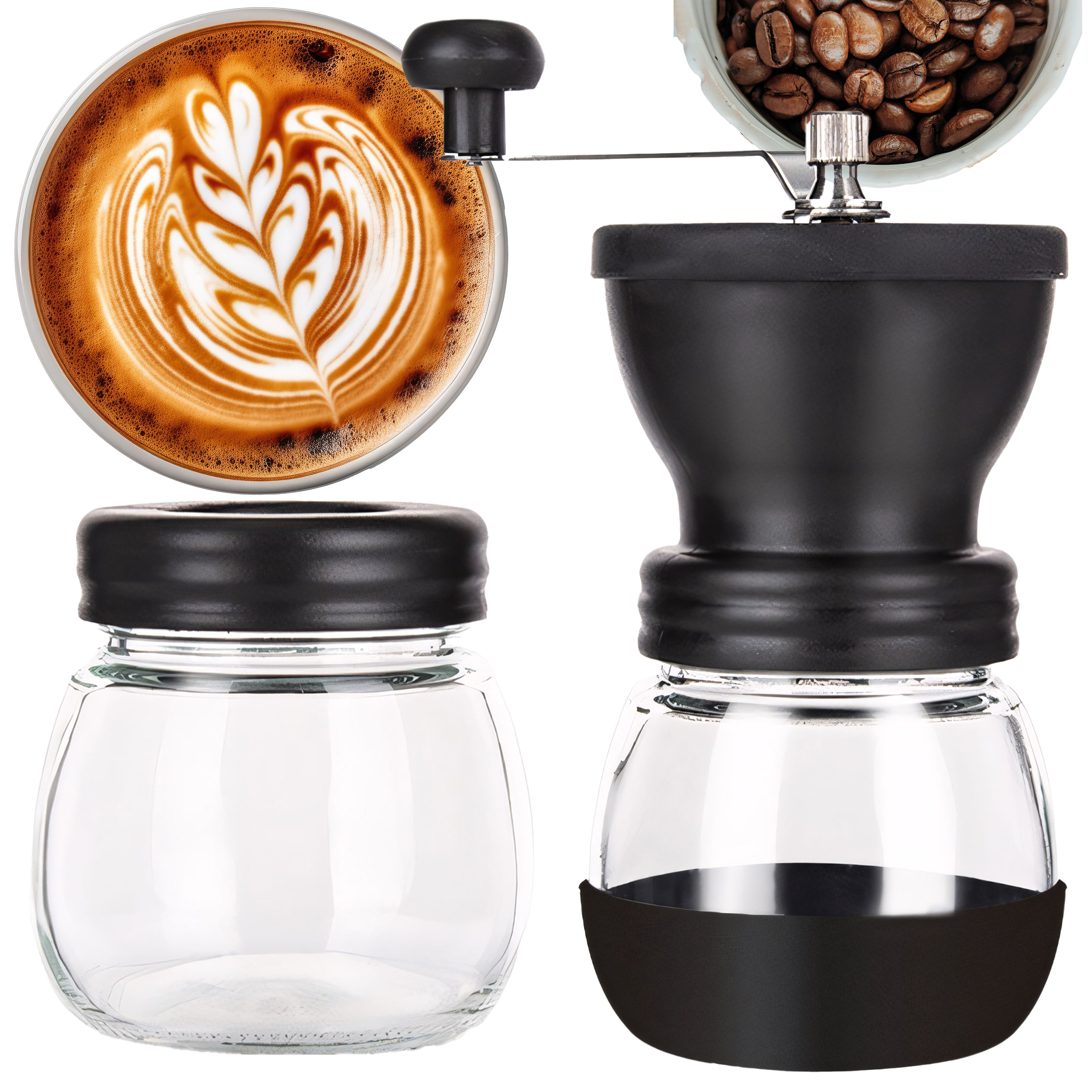 Una tazza di caffè con latte art, chicchi di caffè, un macinino e barattoli di vetro sono in mostra.