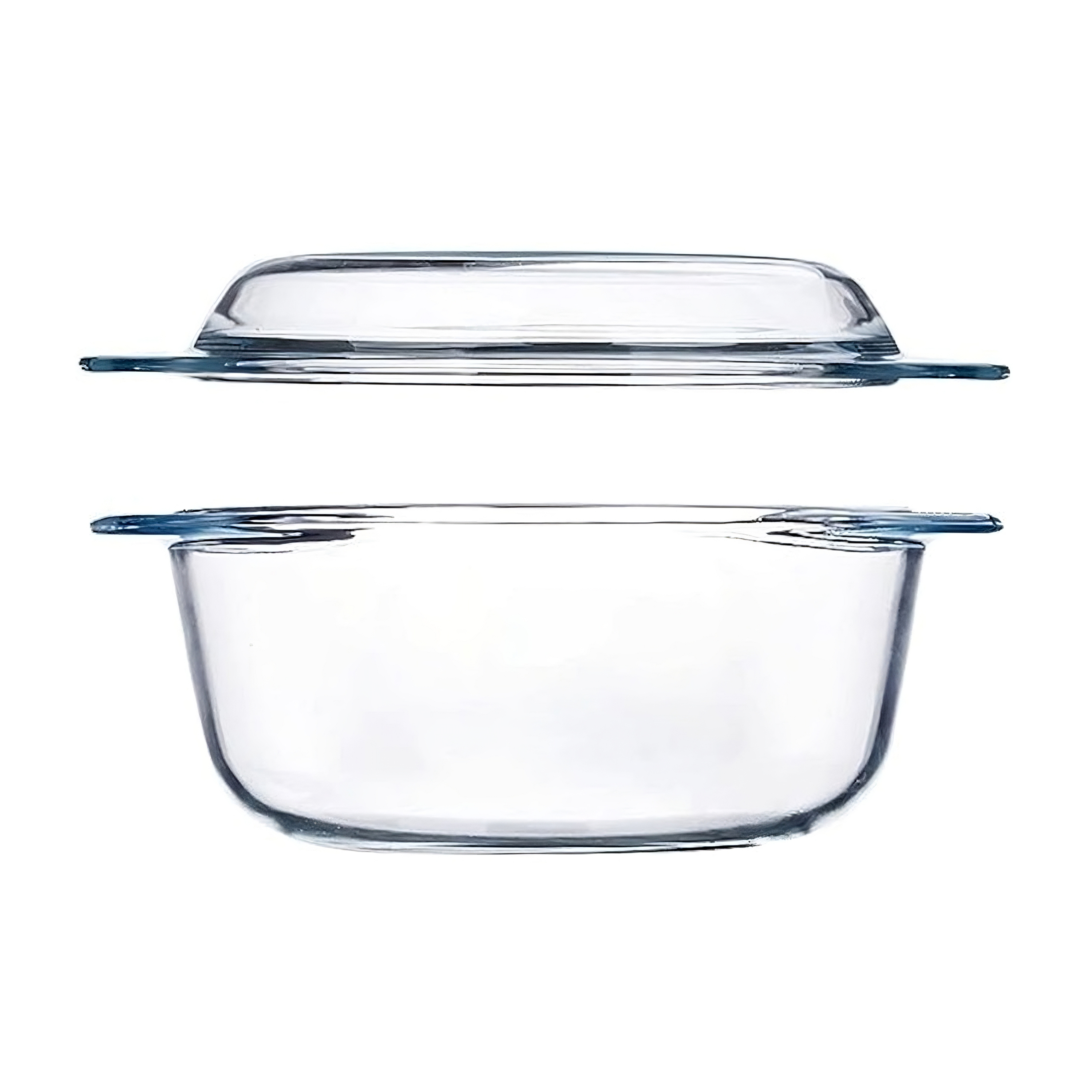 Klarer Glas-Backform mit Deckel, isoliert auf weißem Hintergrund.