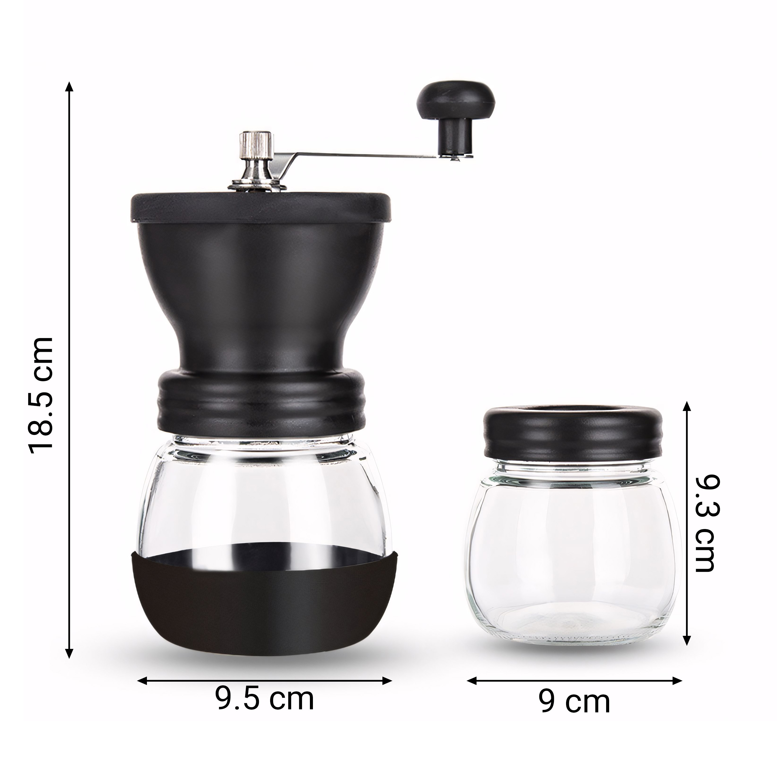 Macinacaffè manuale e un barattolo piccolo. Macinacaffè nero con misure e sfondo bianco.