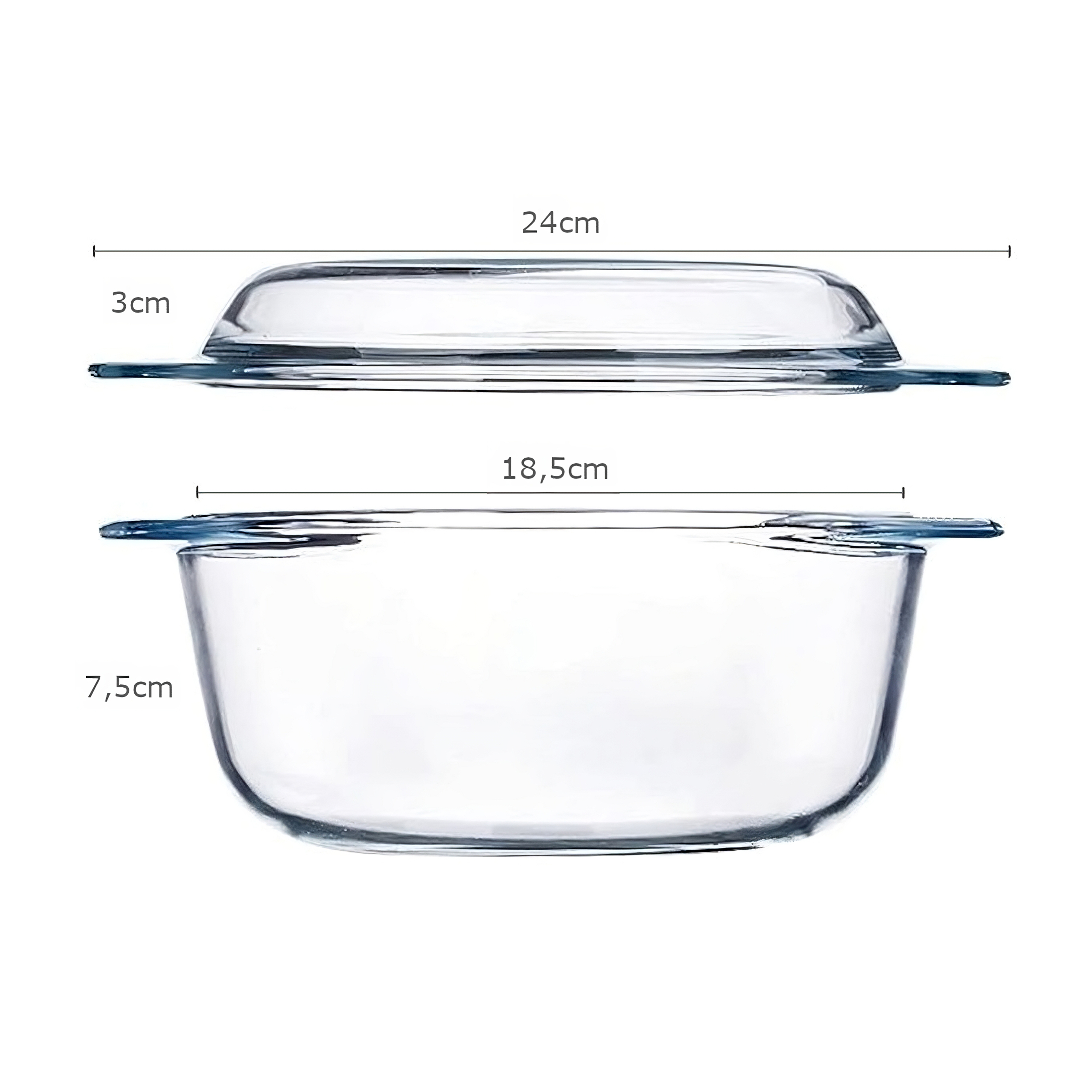 Glasbackform mit Deckel. Maße: 24 cm Deckelbreite, 18,5 cm Schüsselbreite, 7,5 cm Schüsseltiefe, 3 cm Deckelhöhe.