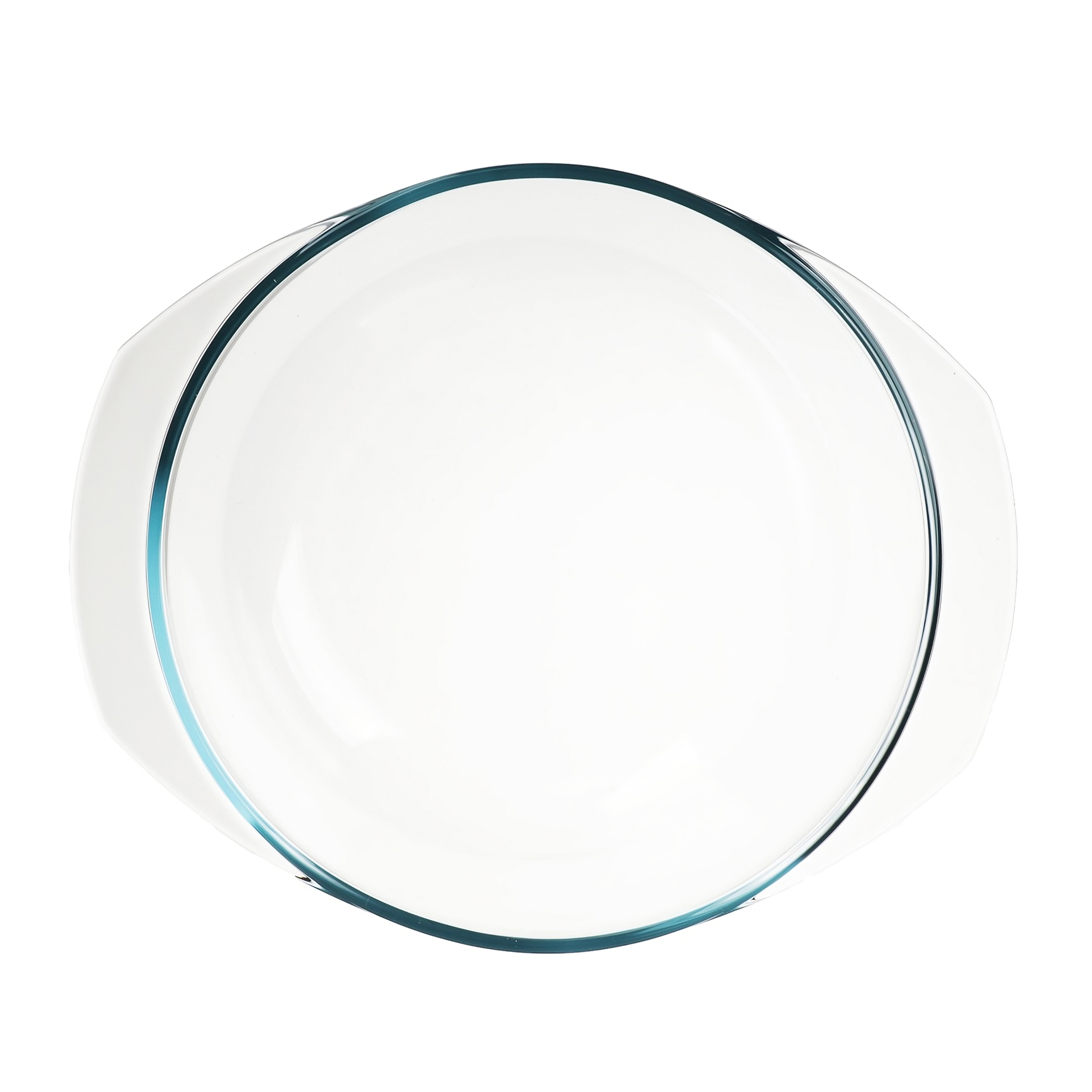 Leere, klare Glas-Backform mit Griffen, Draufsicht.