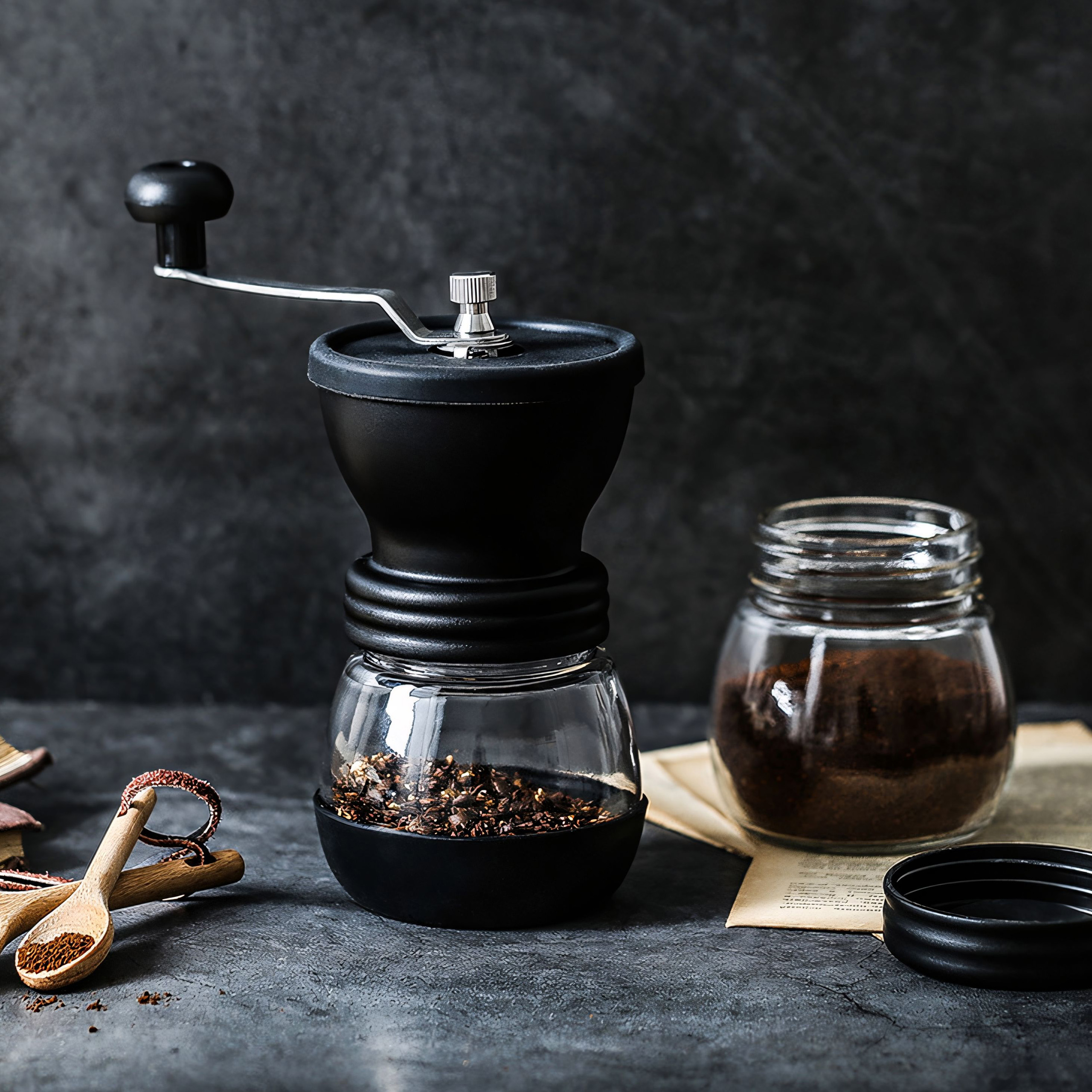 Un macinacaffè nero con un barattolo di vetro e un altro barattolo di caffè macinato.