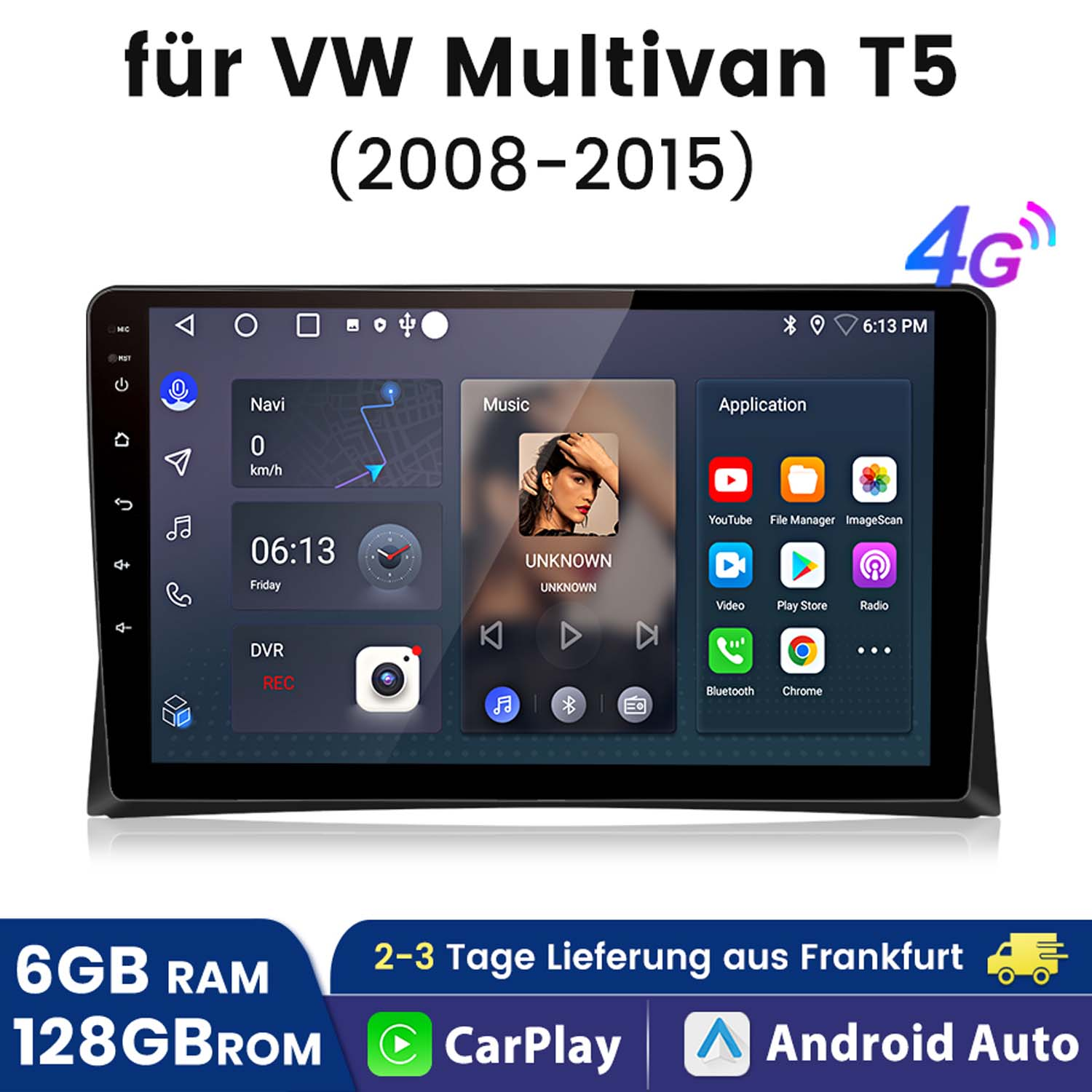 Ekran radia samochodowego do VW Multivan T5. Pokazuje aplikacje, muzykę i nawigację.