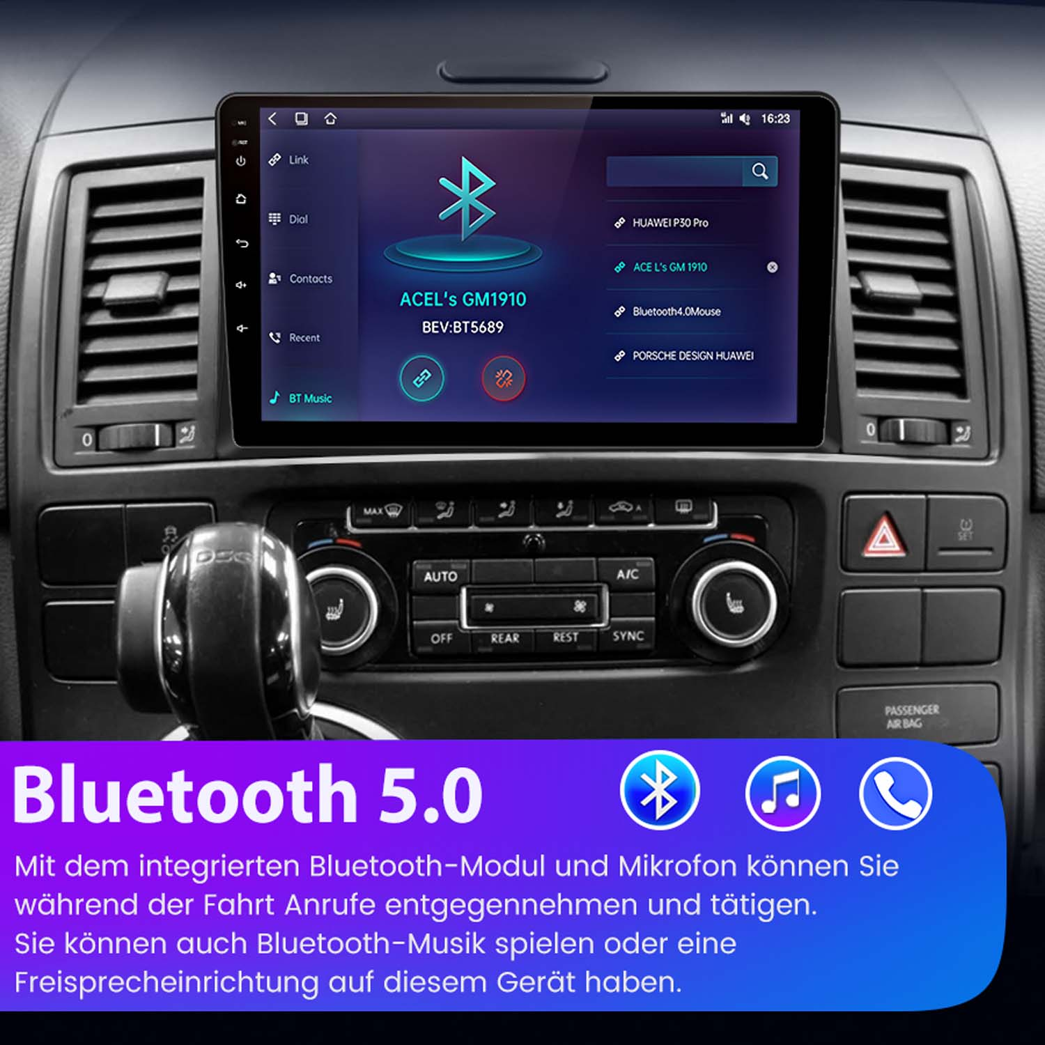 Ekran samochodowego stereo pokazujący łączność Bluetooth i różne funkcje.
