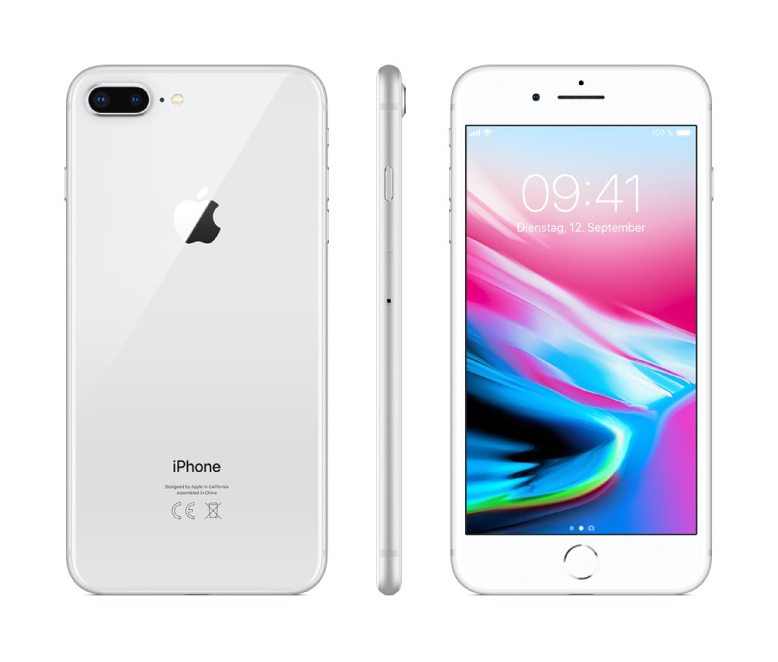 iPhone bianco, tre viste. La parte anteriore mostra lo schermo con l'ora, vista laterale e posteriore.