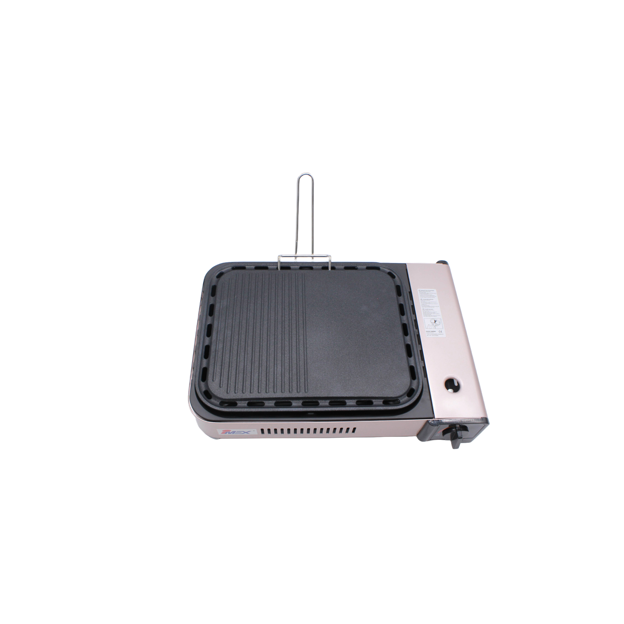Ein tragbarer Grill auf weißem Hintergrund. Es ist ein rechteckiger Grill mit Griff und Gasanschluss.
