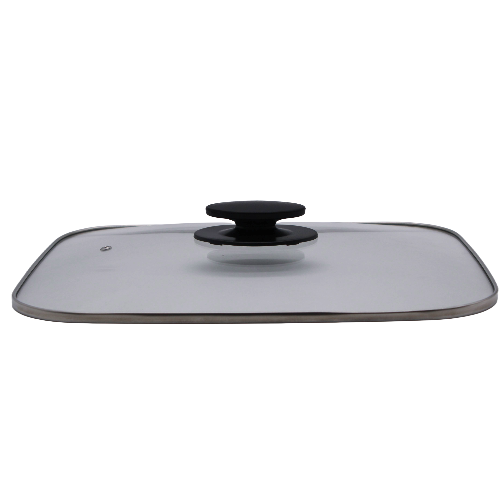Ein rechteckiger Glasdeckel mit schwarzem Griff, vor weißem Hintergrund.