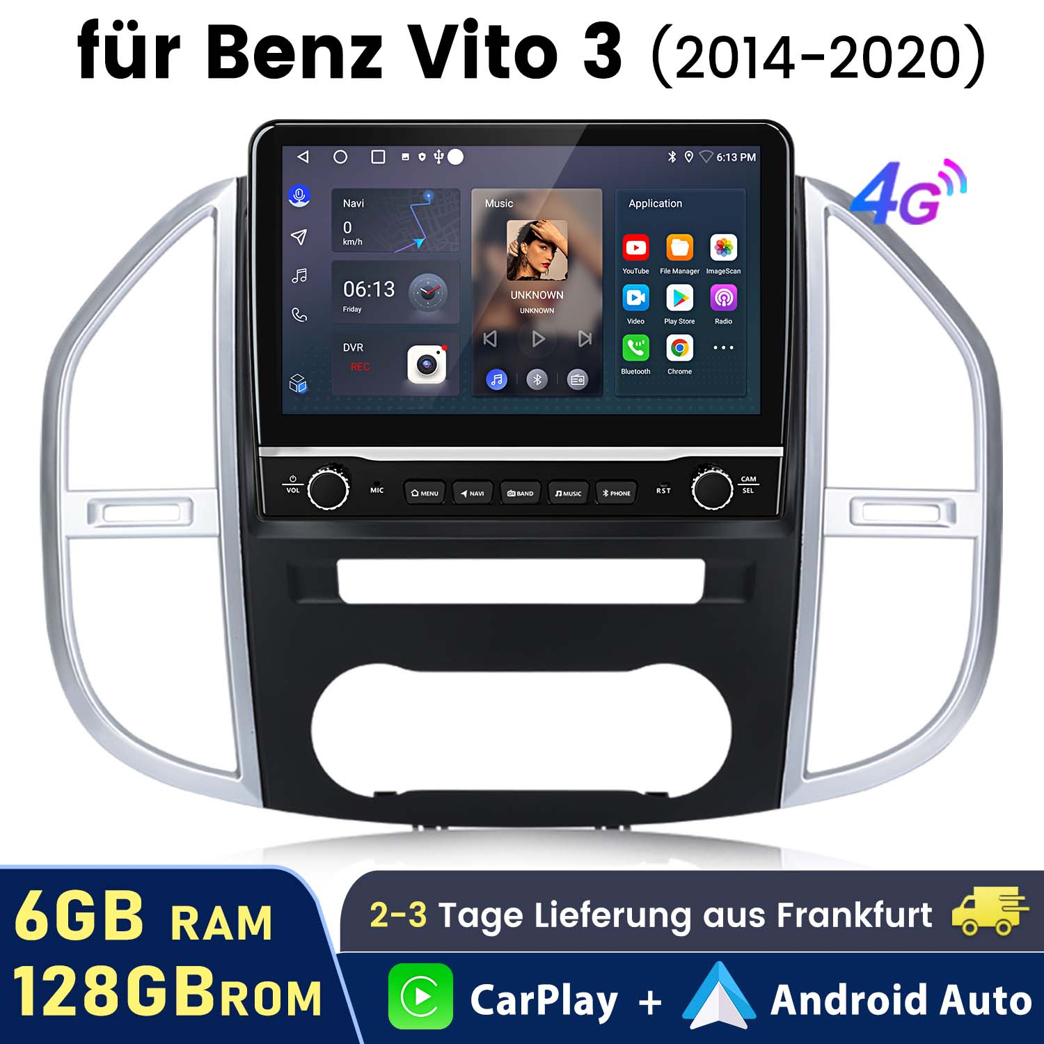 Auto-Audiosystem, Bildschirm zeigt Navigation und Musik, mit Beschriftungen.
