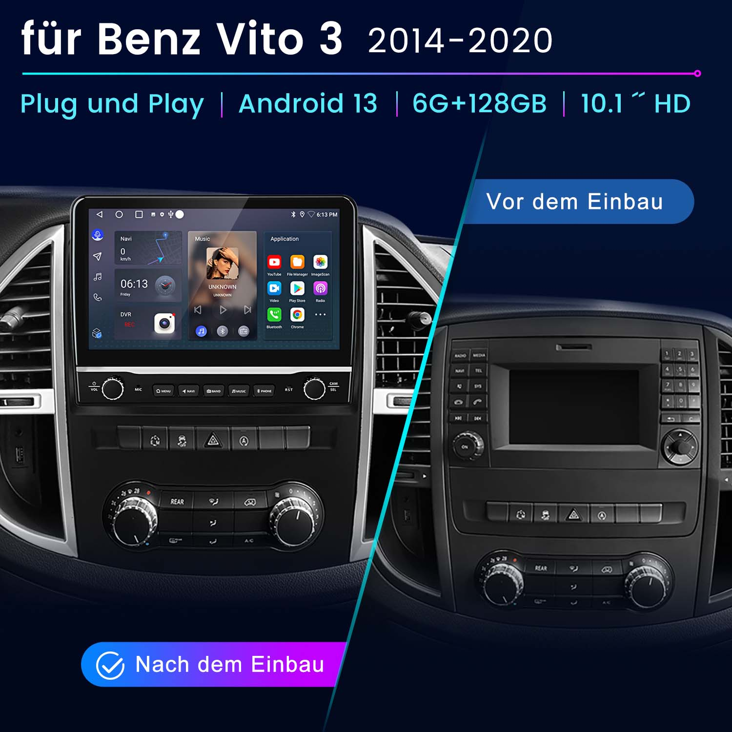 Autoradio mit Bildschirm, der Navigation anzeigt. Vorher-Nachher-Vergleich der Installation.