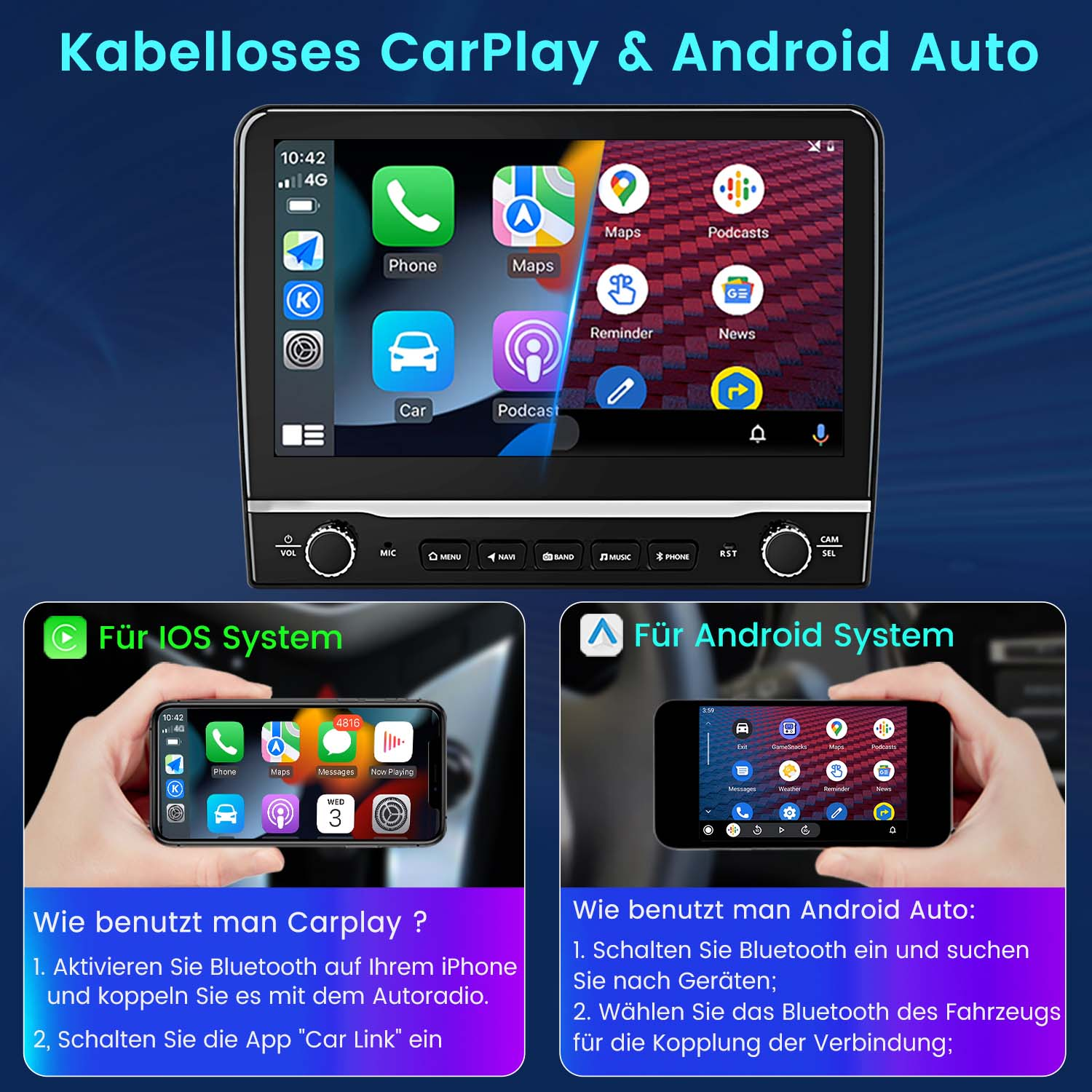 Ein Autoradio-Bildschirm mit Symbolen. Tutorial-Bilder, die die CarPlay- und Android Auto-Einrichtung erklären, werden angezeigt.