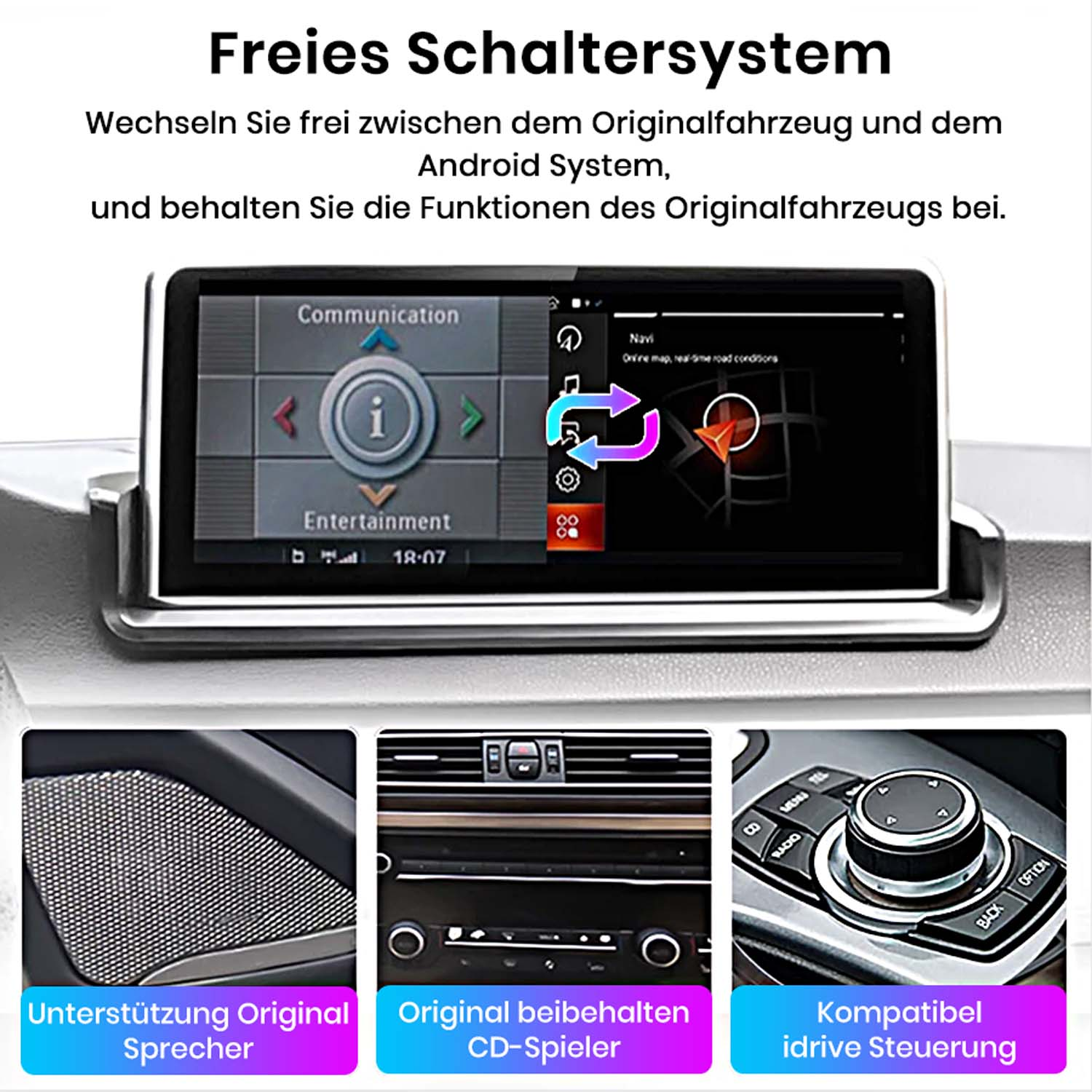 Auto-Display mit Navigations- und Unterhaltungsoptionen mit unterstützenden Informationen.