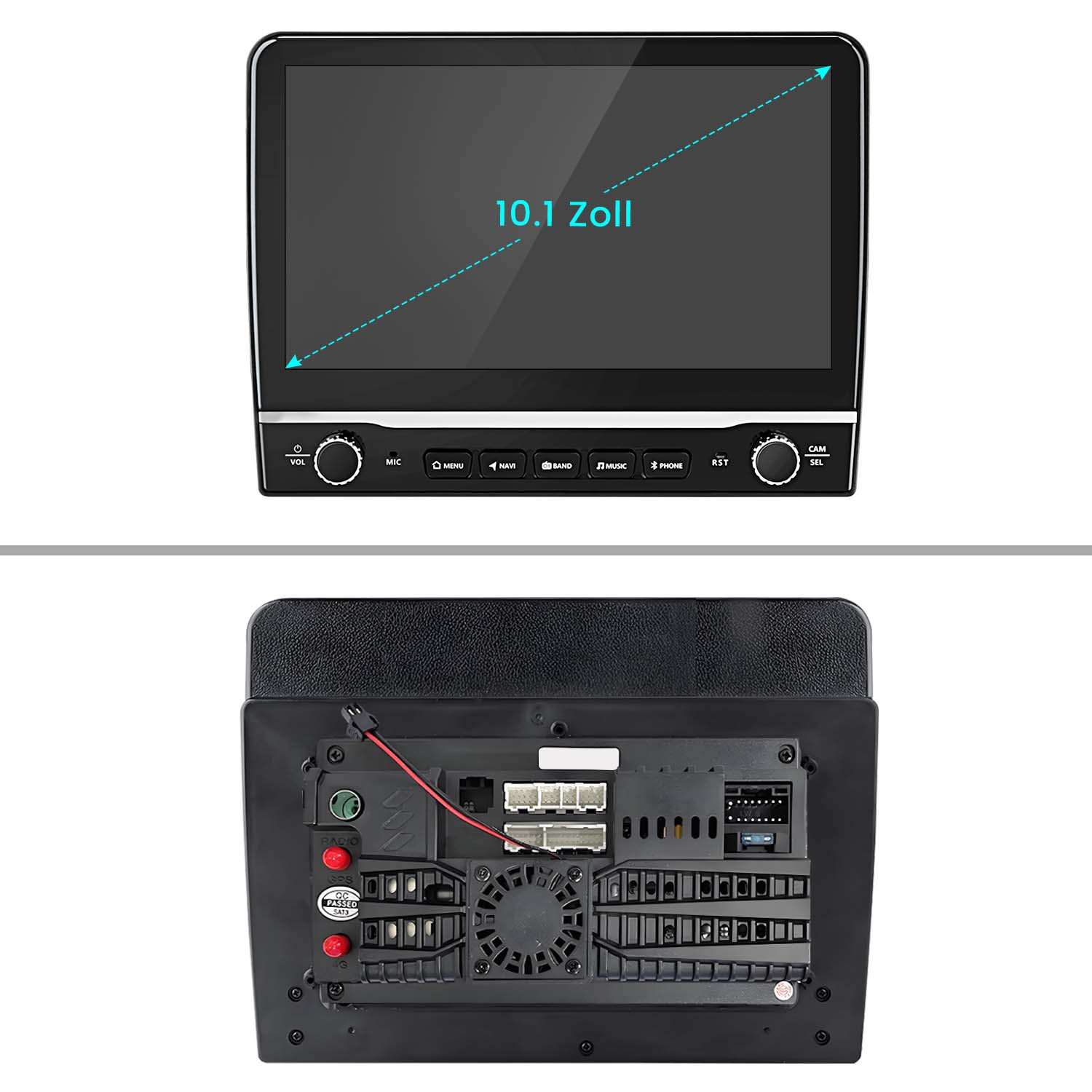Autoradio mit 10,1-Zoll-Bildschirm und Rückseite mit Anschlüssen und Lüfter.