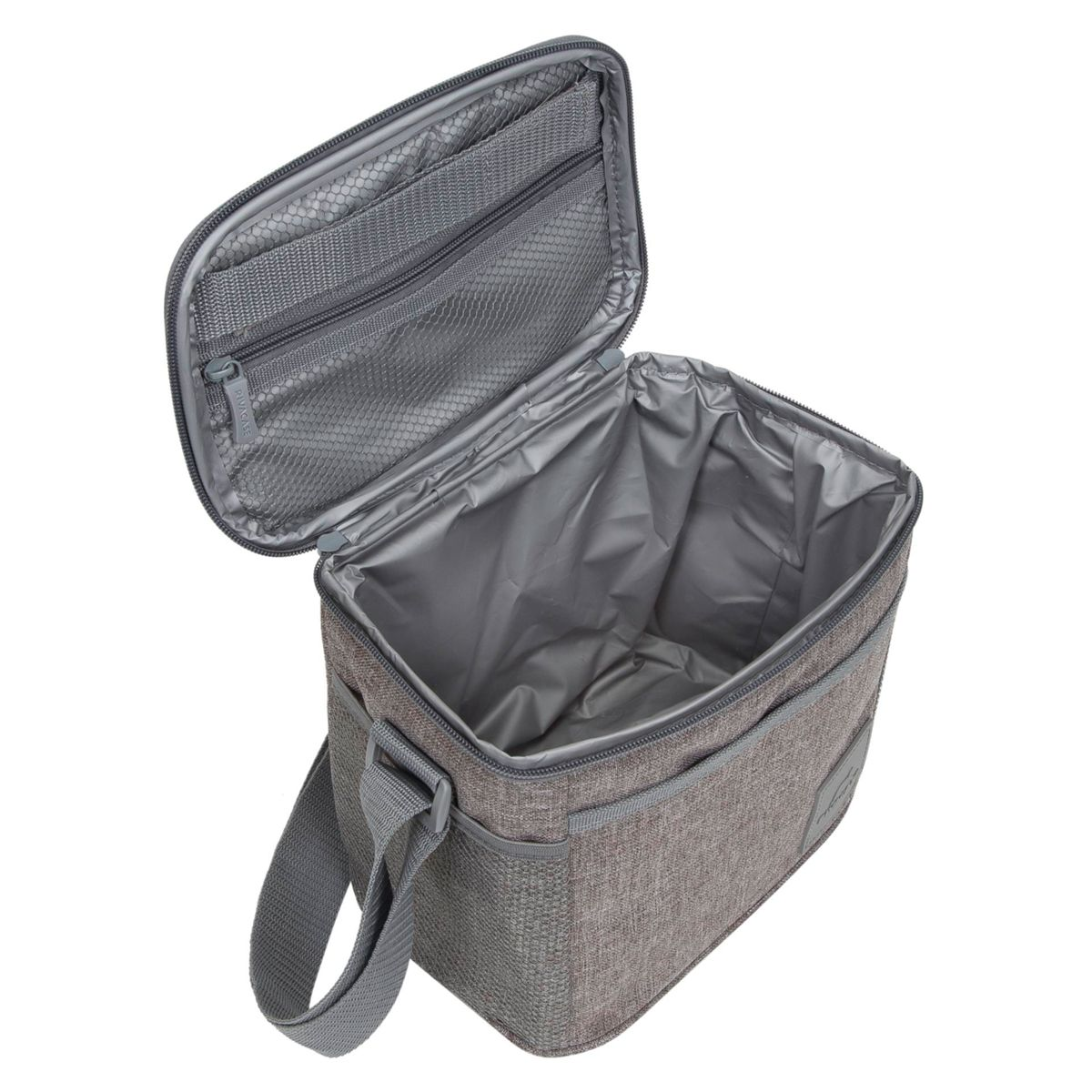 Geöffnete graue Isolier-Tasche mit Reißverschluss, Netzinnenraum und Schulterriemen.