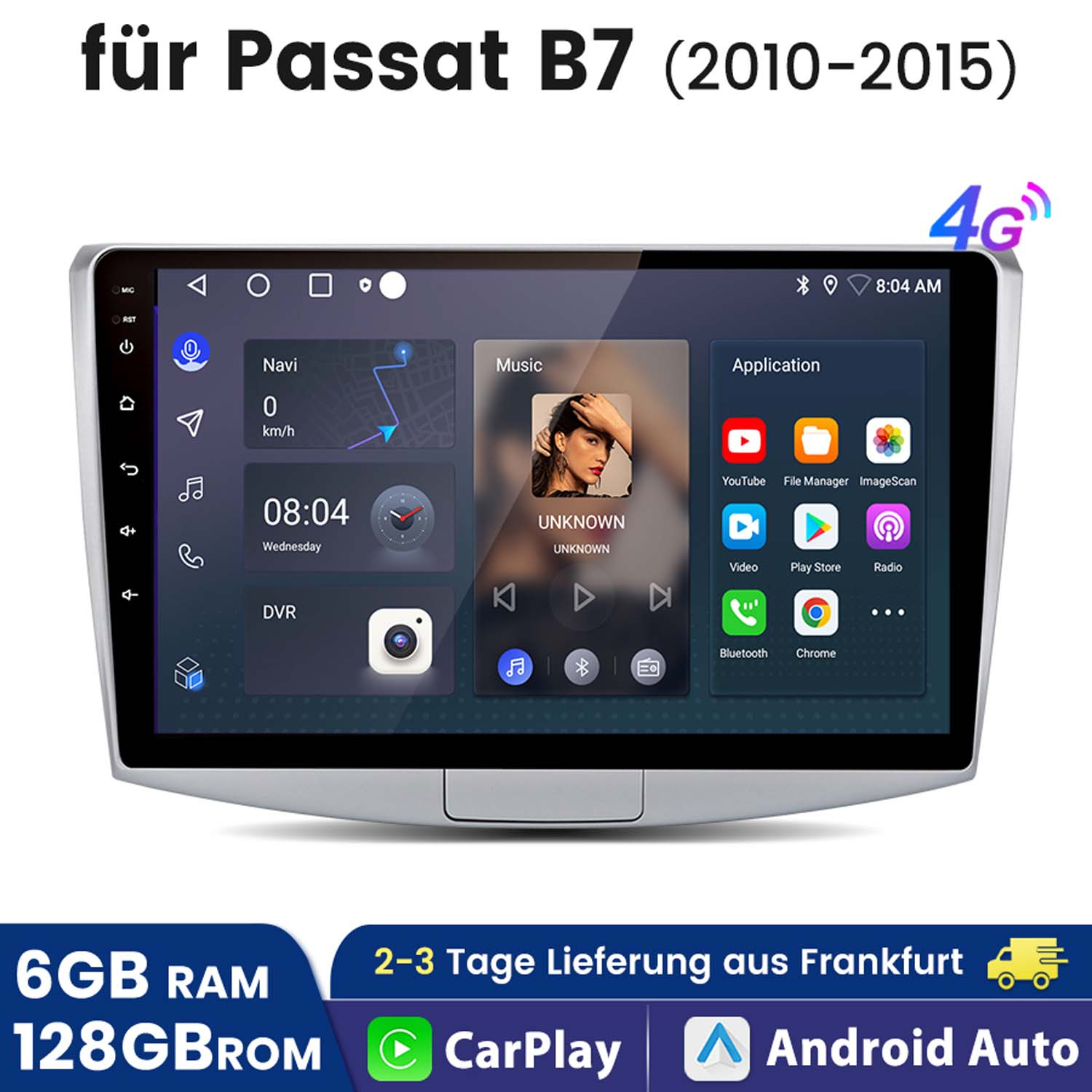 Ekran multimedialny samochodu z nawigacją, muzyką i aplikacjami dla Passata B7 (2010-2015).