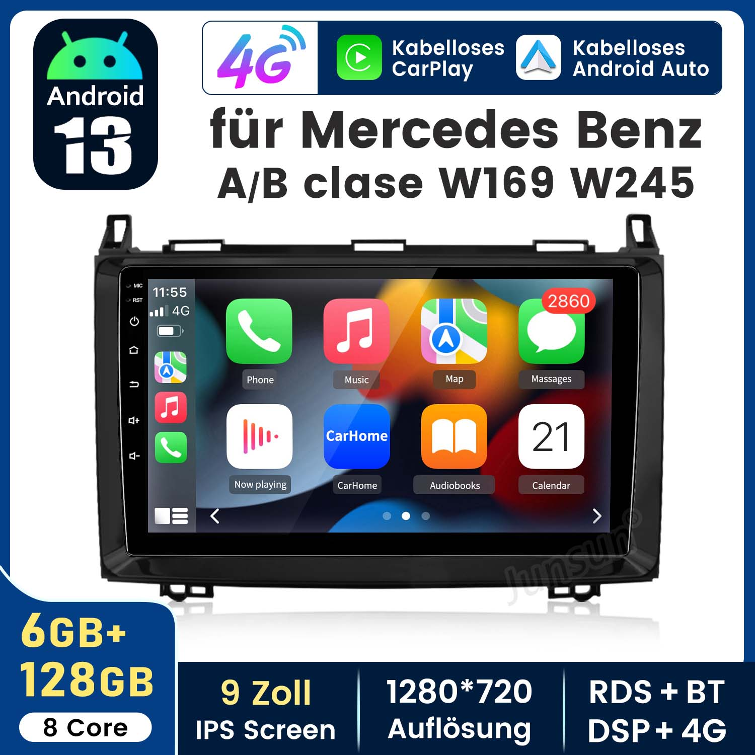 Auto-Multimedia-Bildschirm mit Android 13, CarPlay und Android Auto, mit 9-Zoll-Display.