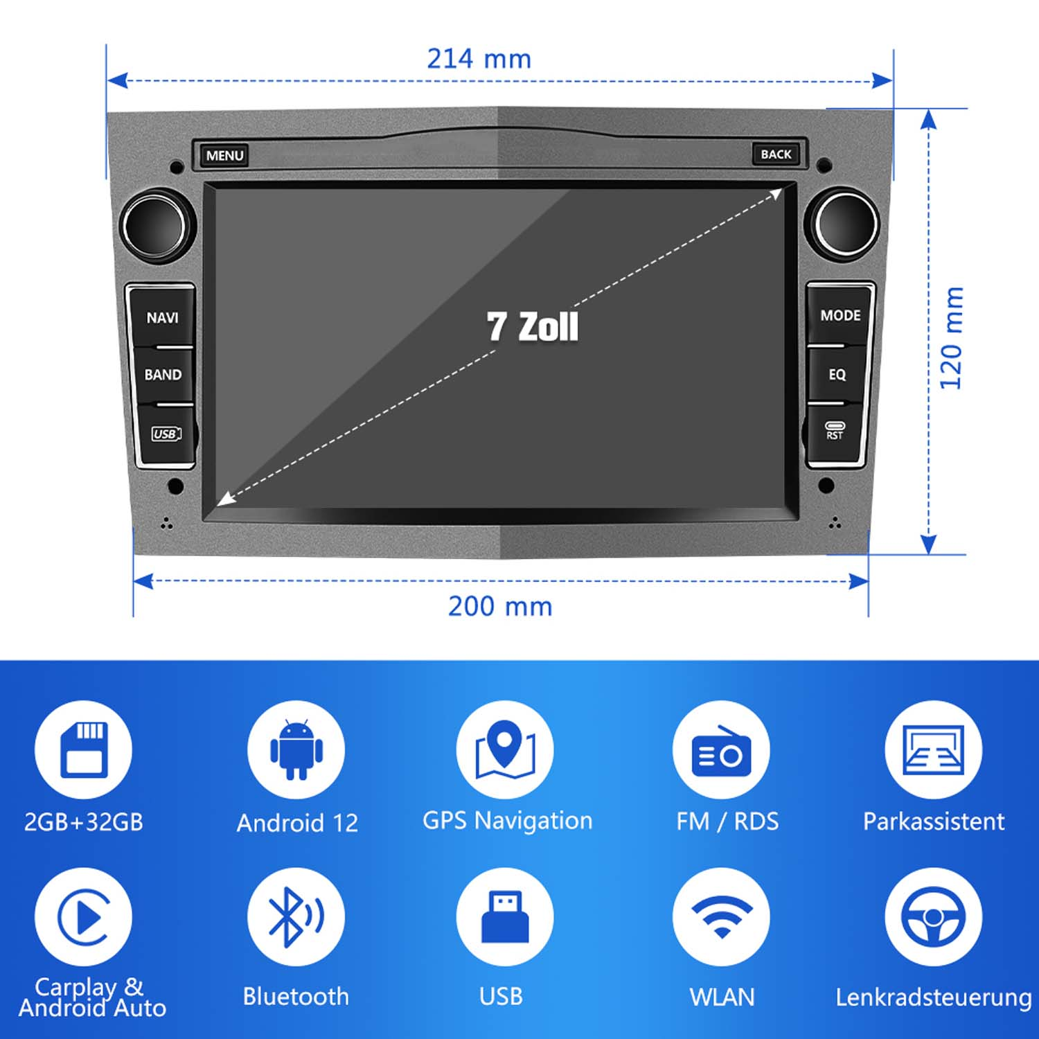 Auto-Multimedia-System-Display mit Maßen, Symbolen und Text auf Deutsch.