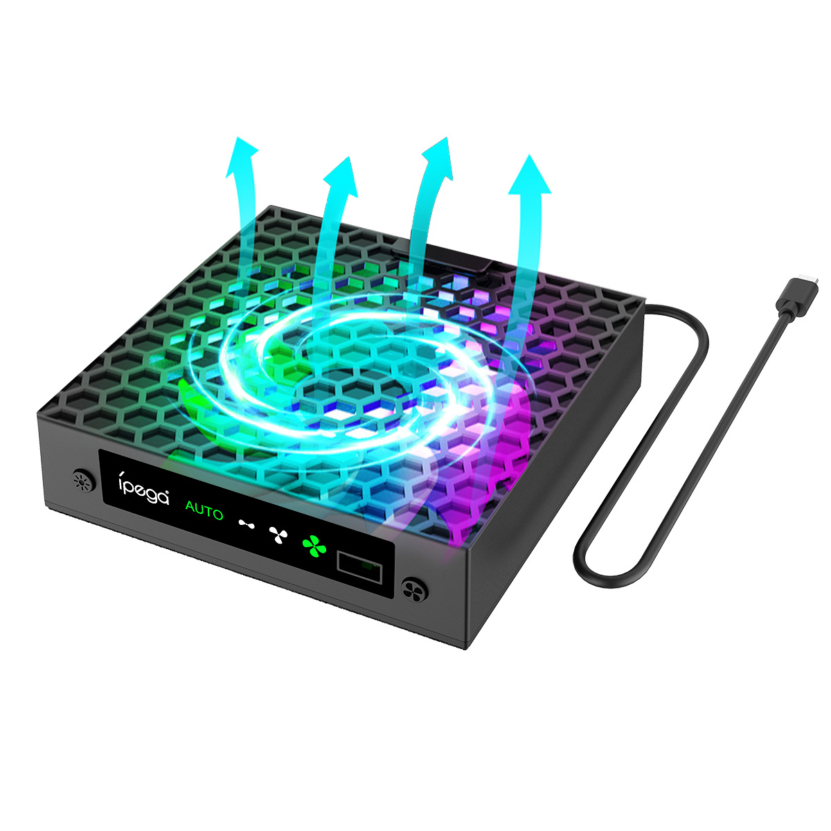 Schwarzer Gaming-Lüfter mit RGB-Beleuchtung. Hat ein Wabenmuster und ein USB-Kabel.