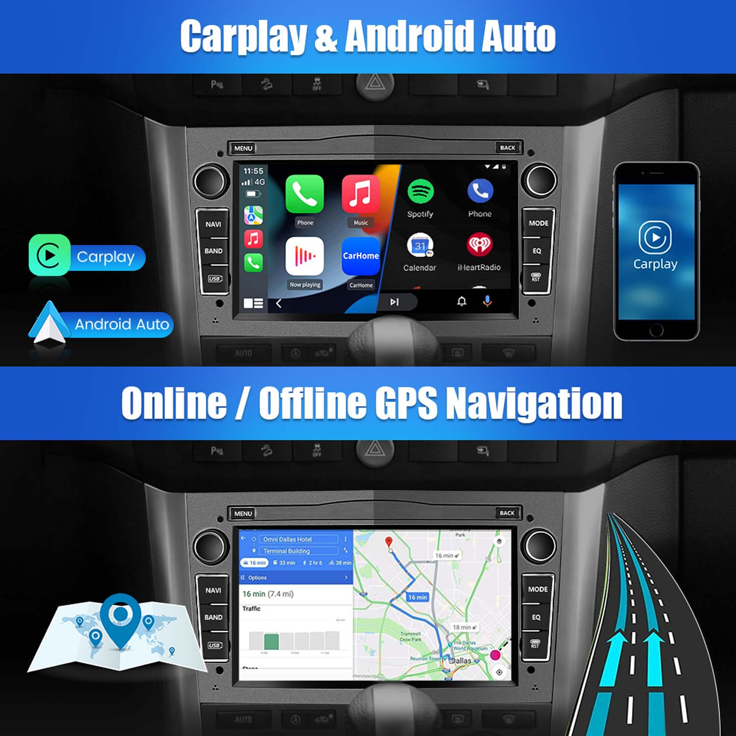 Auto-Display mit Navigations- und Medienoptionen, mit Smartphone-Oberfläche.