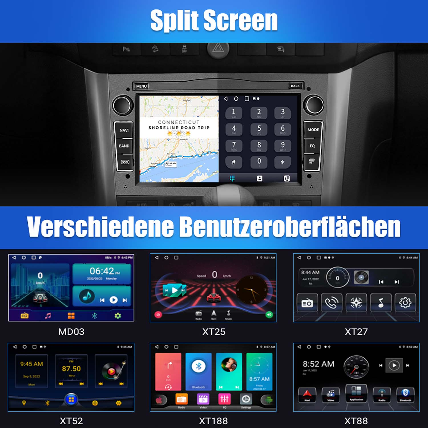 Autoradio-Systembildschirm mit verschiedenen Benutzeroberflächen, einschließlich Karte und verschiedenen Anwendungslayouts.
