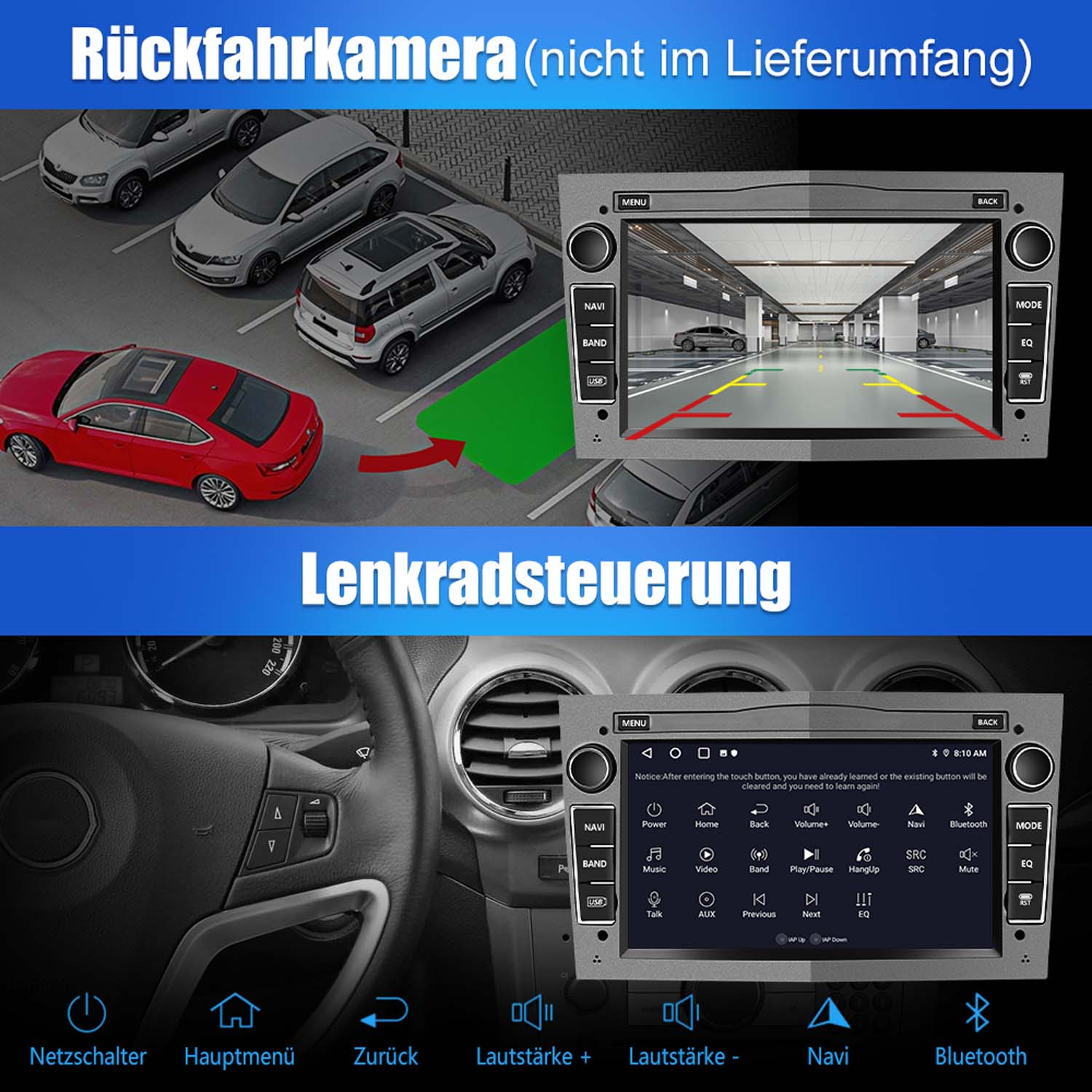 Armaturenbrett mit installiertem Multimediabildschirm, der Rückfahrkamerabild und Lenkradsteuerung zeigt.