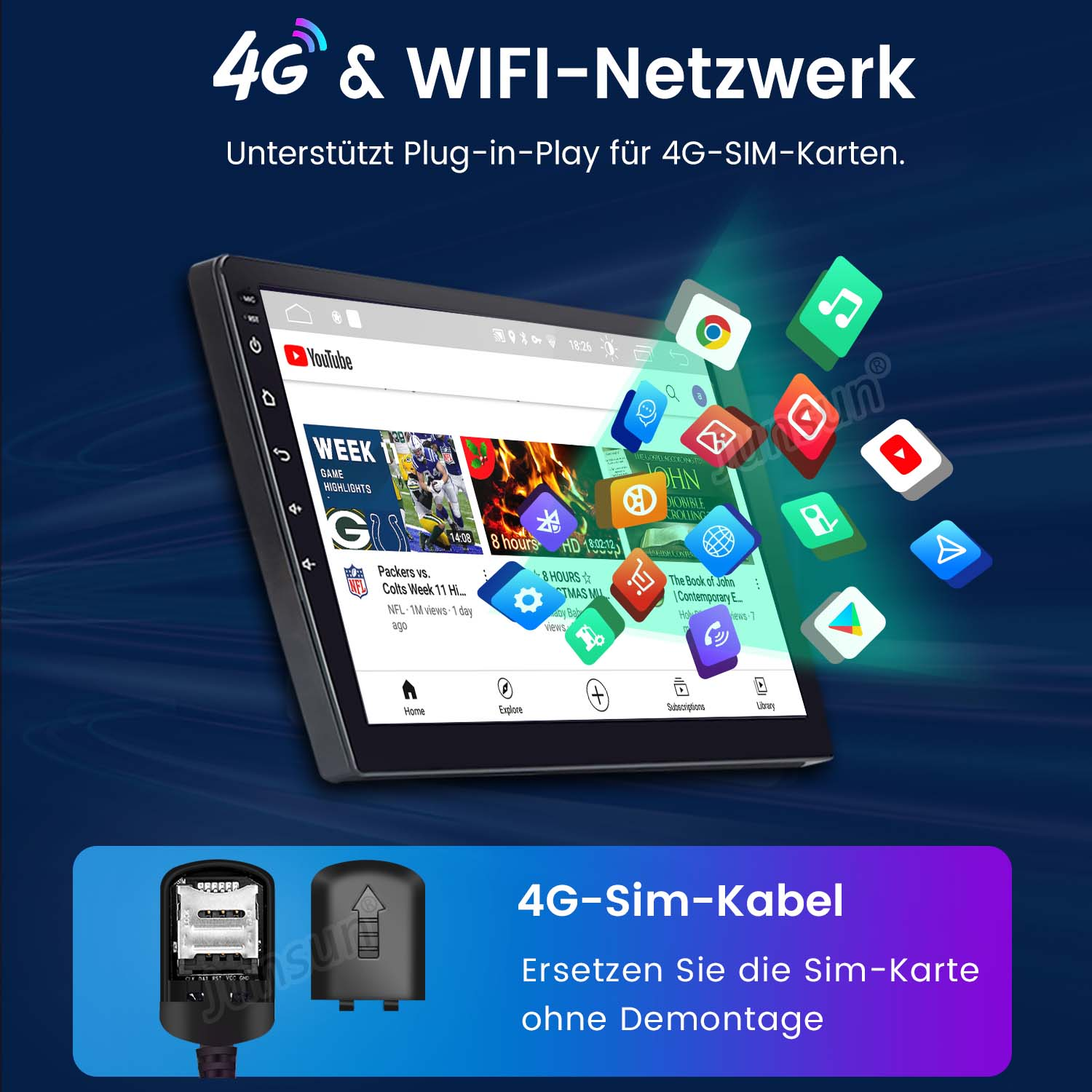 Tablet-Bildschirm mit App-Symbolen und einer Video-Player-Oberfläche. Darunter ein 4G-SIM-Kabel.