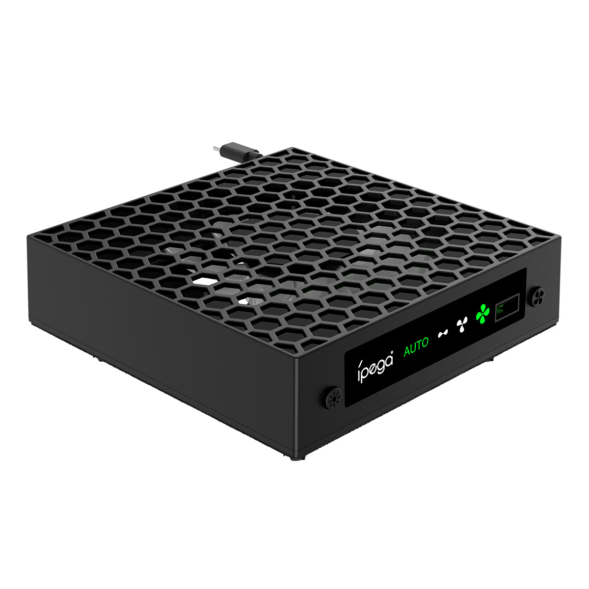 Ein schwarzer Gaming-Konsolenkühler mit Wabenmuster und grünen LED-Lichtern.