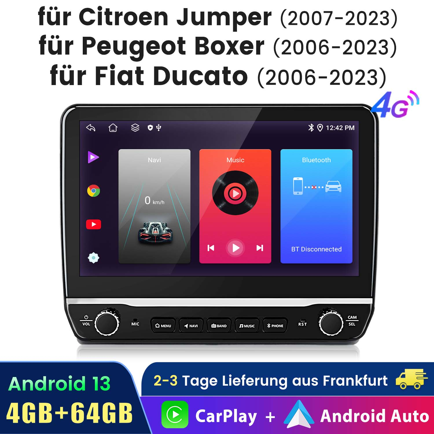 Autoradio mit großem Bildschirm. Der Bildschirm zeigt Navigation, Musik und Bluetooth-Optionen. Text sichtbar.
